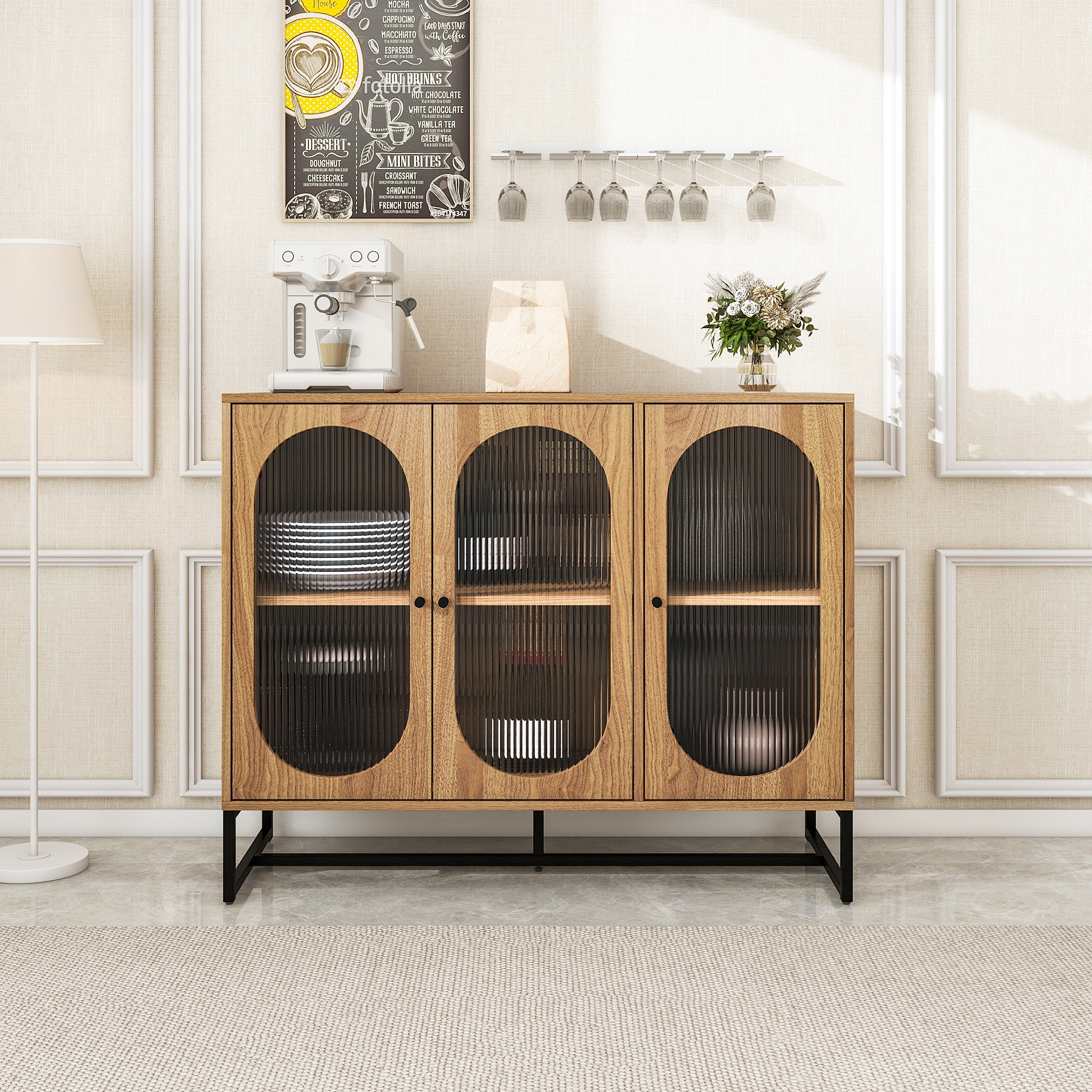 Storage Cabinet with Glass Door, Sideboard Buffet Cabinet for Kitchen,Dining Room, Walnutcolor 