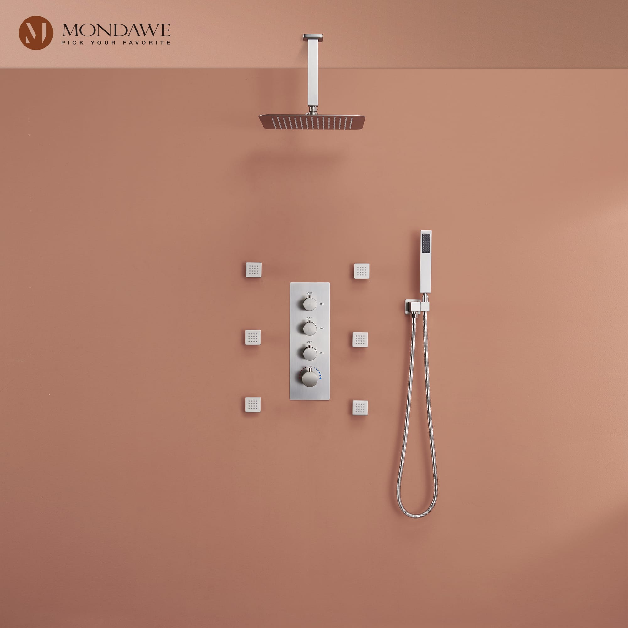 Mondawe Ceiling Mount Thermostatic Rainfall Shower System Set with Hand Held Shower Head and 6 Body Jets-Mondawe