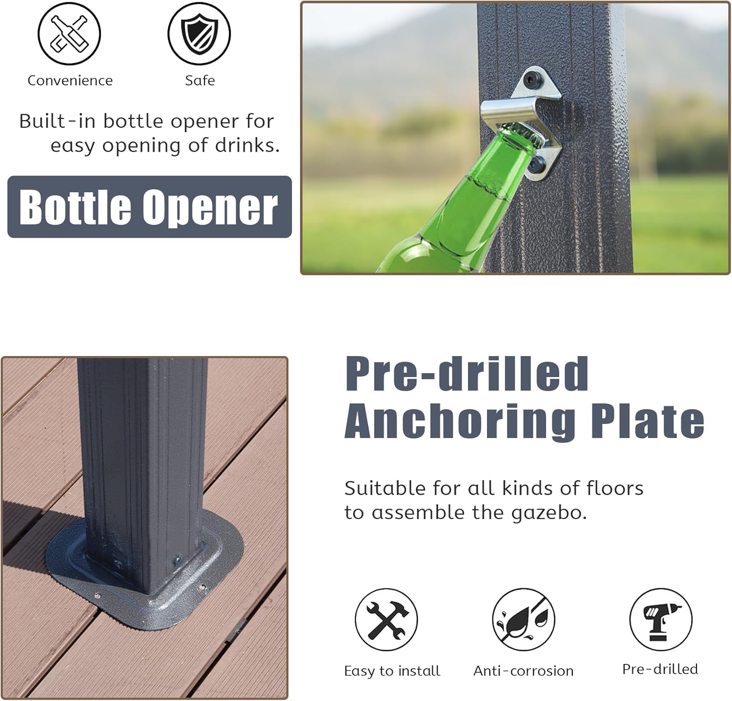 Hardtop Grill Gazebo, Outdoor BBQ Gazebo with 2 Side Shelves and Sloping Galvanized Steel Roof, Metal Permanent Grill Canopy with Ceiling Hooks for Patio, Lawn, Backyard, Deck