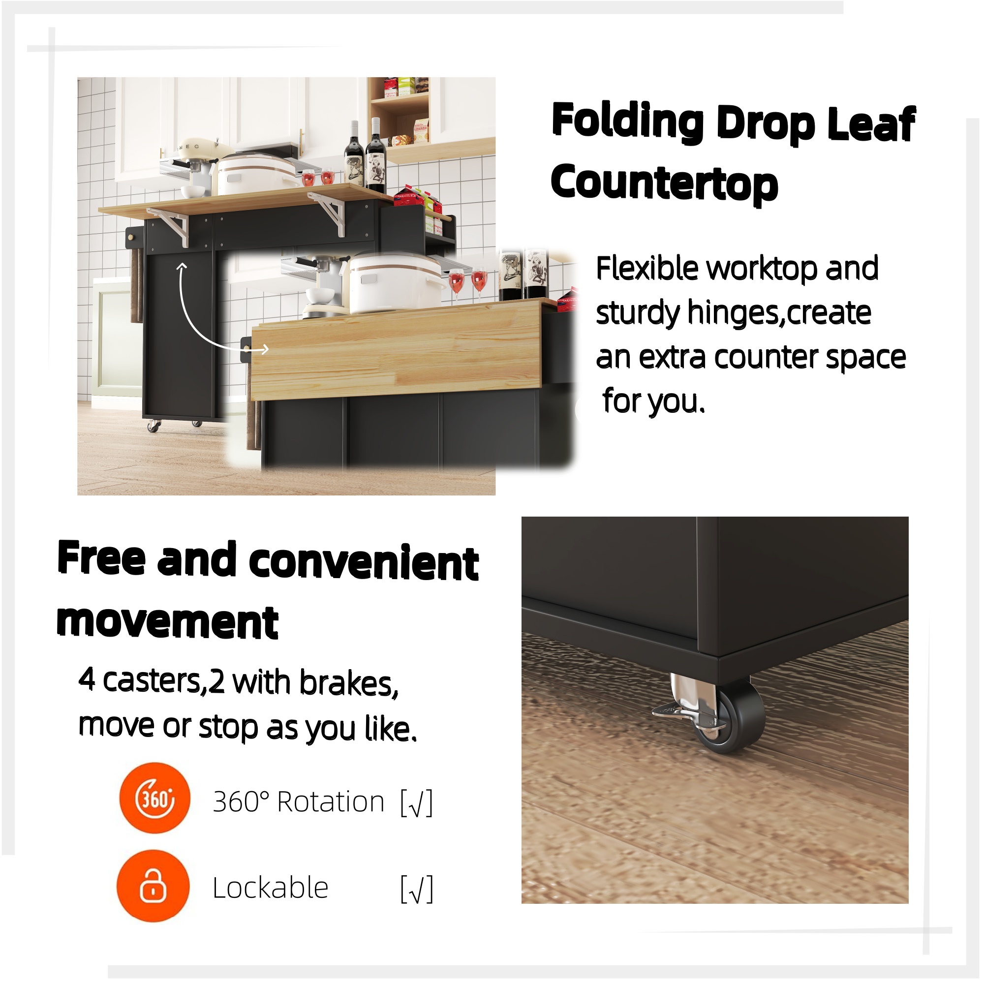 45.4" Farmhouse Black Rolling Kitchen Cart on Wheels with Storage Cabinet, Mobile Kitchen Island cart with Drop Leaf Top, Spice Rack, Towel Bar, Adjustable Shelf, Drawers and Hooks 