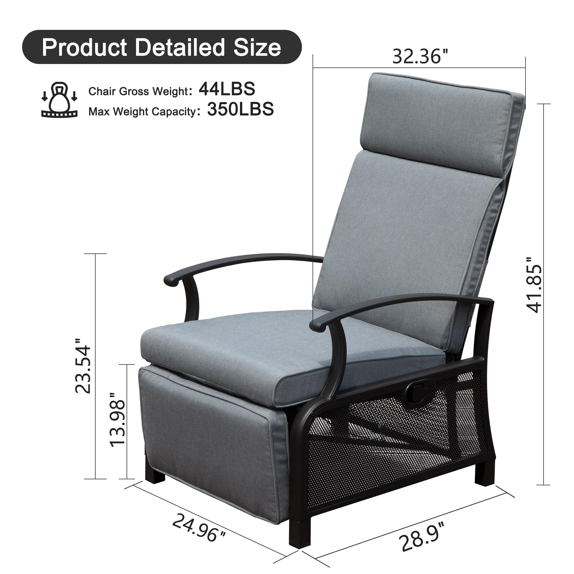 Adjustable Patio Recliner Chair Metal Outdoor Lounge Chair with Flip Table Push Back, Adjustable Angle, 6.8'' Removable Cushions, Support 350lbs, Beige/Gray/Navy Blue
