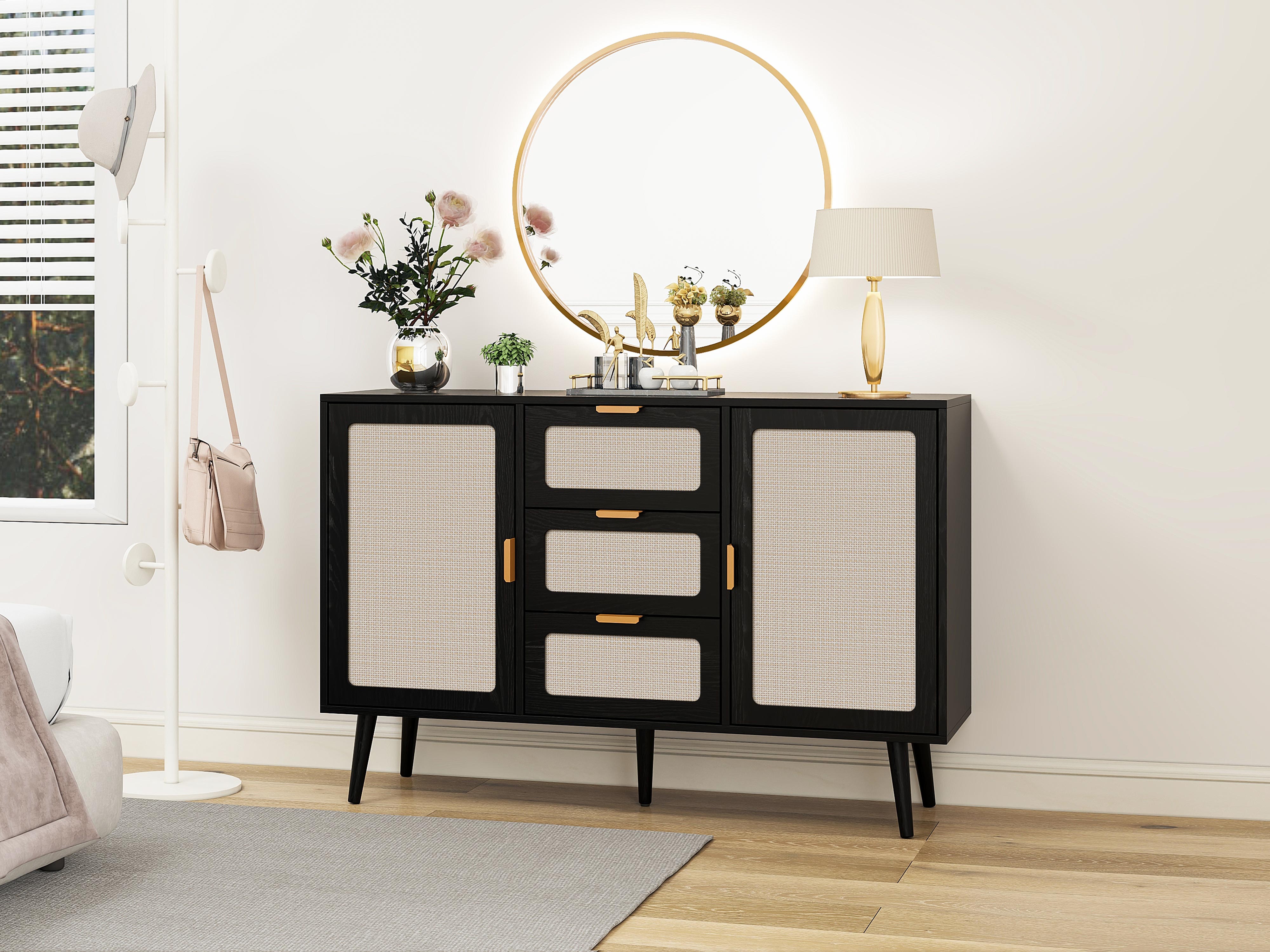 2 Door 3 Drawer Cabinet, Accent Storage Cabinet, Suitable for Living Room, Bedroom, Dining Room, Study,   Black/Walnut 