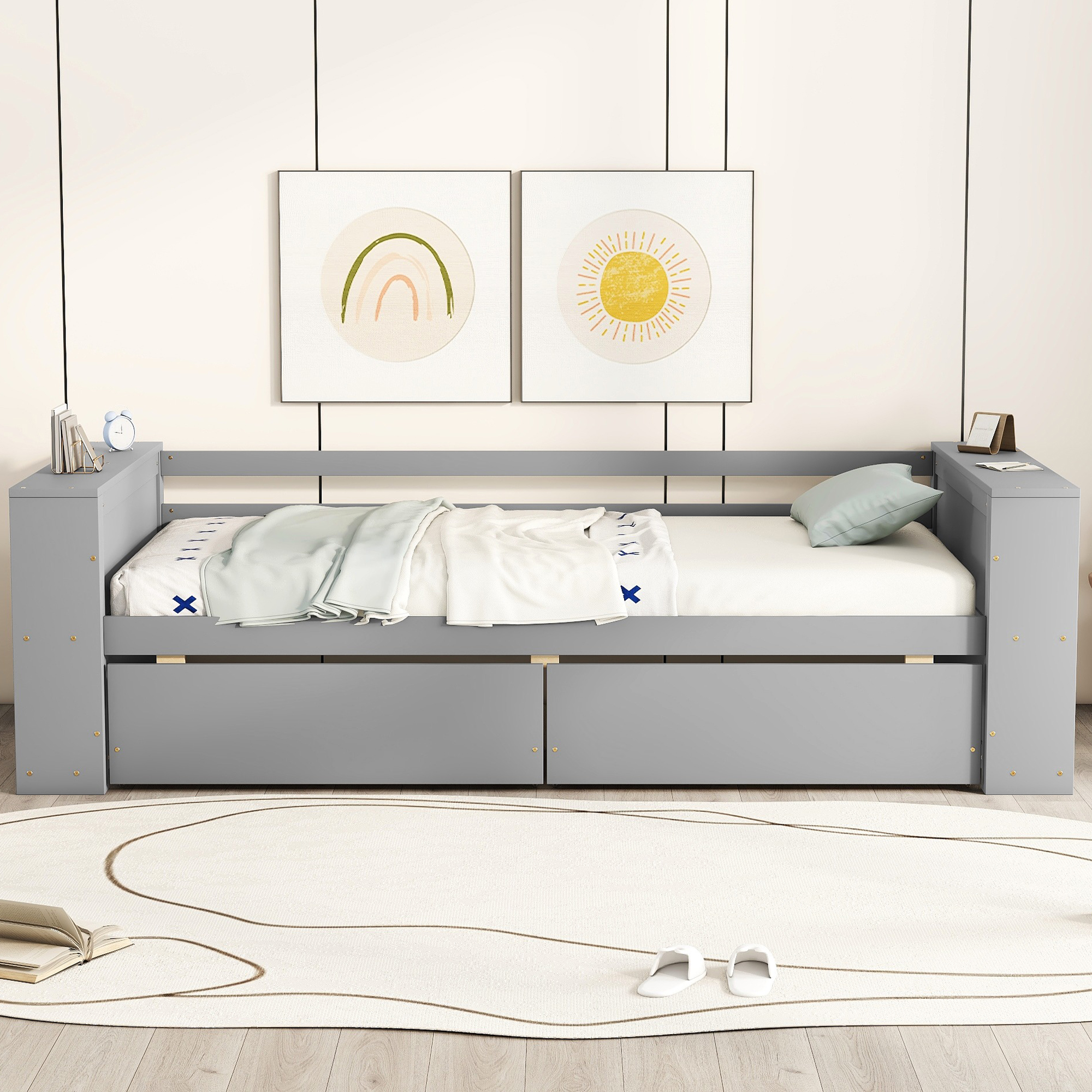 Twin Size Daybed with Shelves and Drawers, Gray/White