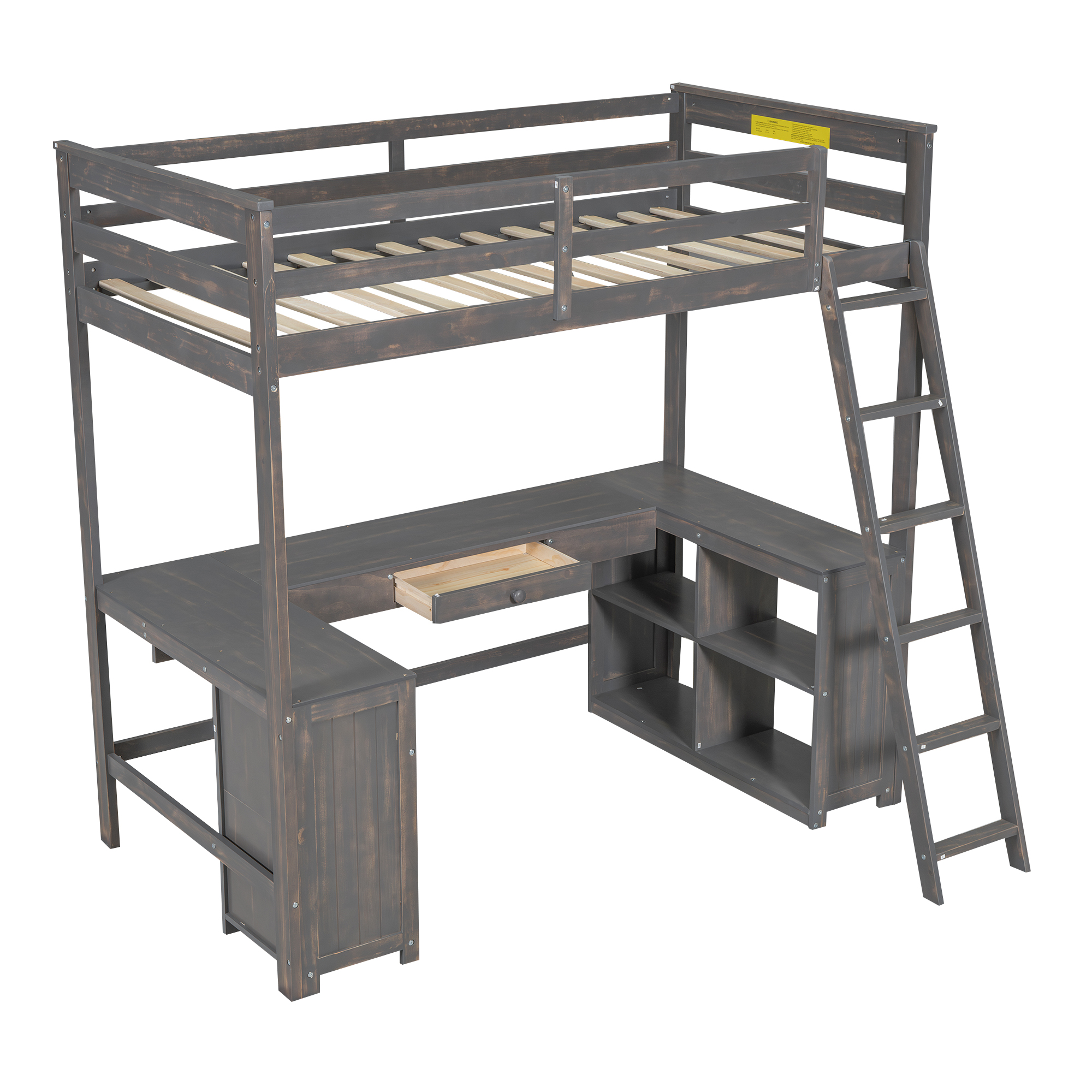 Full/Twin Size Loft Bed with U-shaped Desk, Drawers and Storage Shelves, White/Antique Brown 