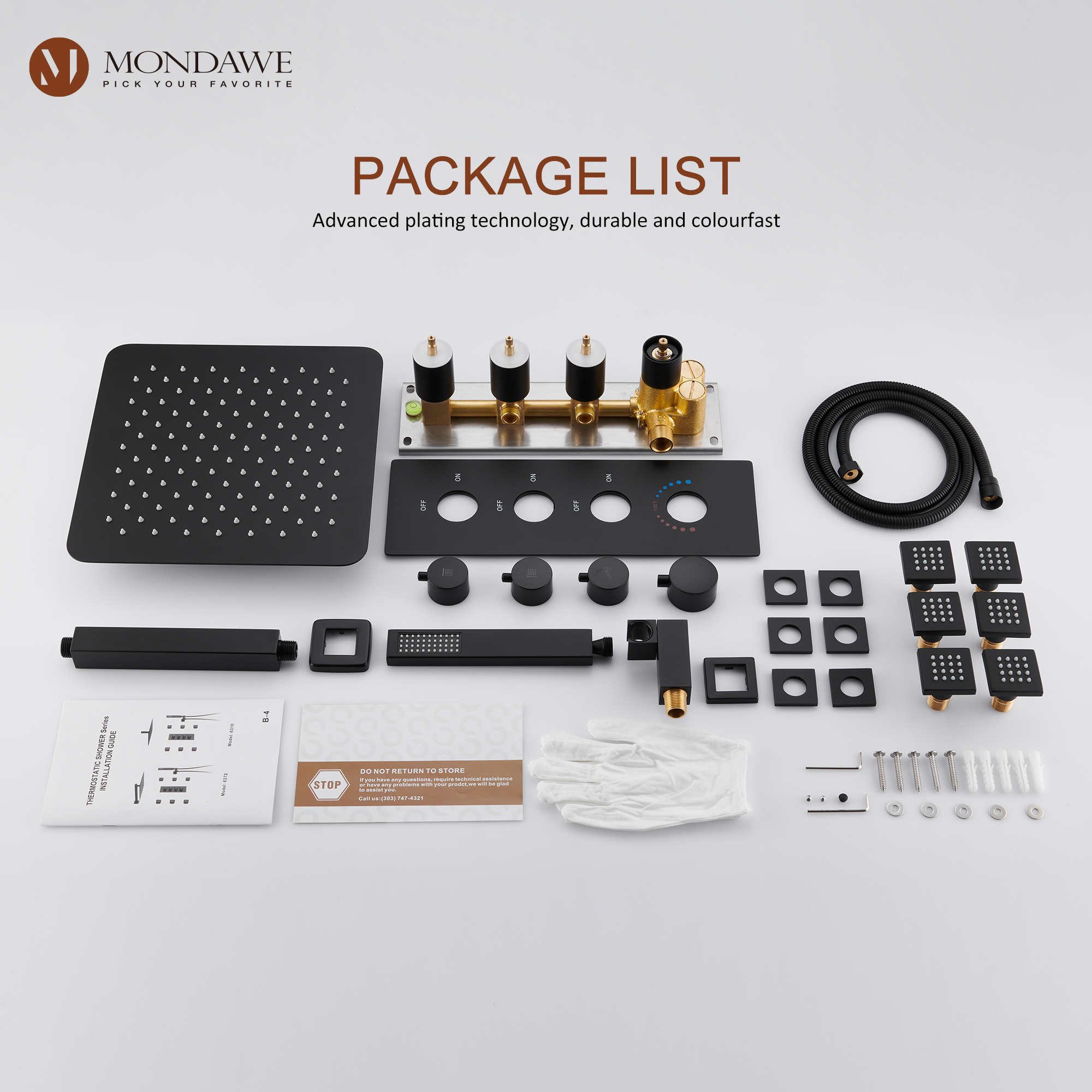 Mondawe Ceiling Mount Thermostatic Rainfall Shower System Set with Hand Held Shower Head and 6 Body Jets-Mondawe