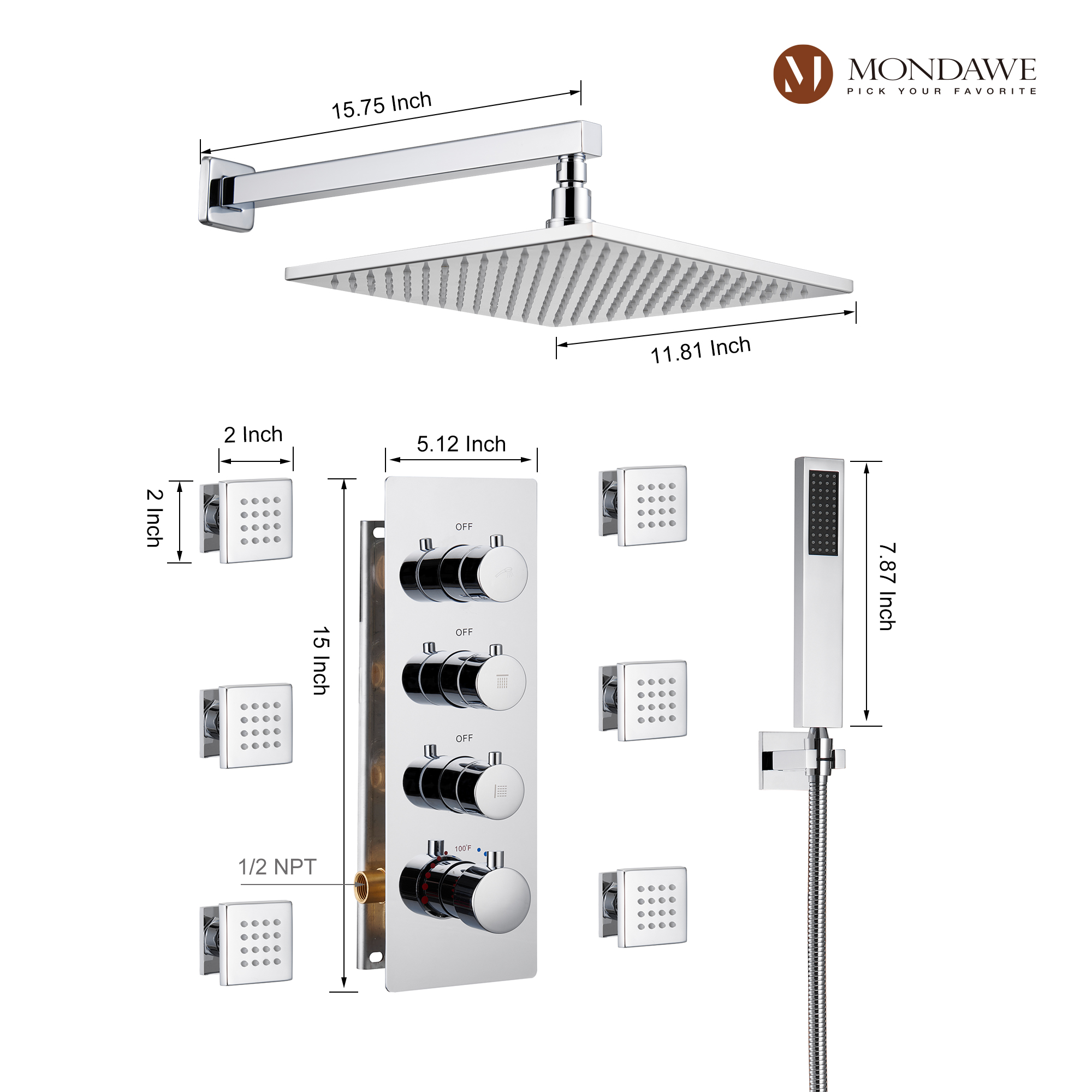 Mondawe Luxury Wall Mount Rain Shower Head with 6 Shower Jet and LED 3-Spray Patterns Thermostatic 12 in. -Mondawe