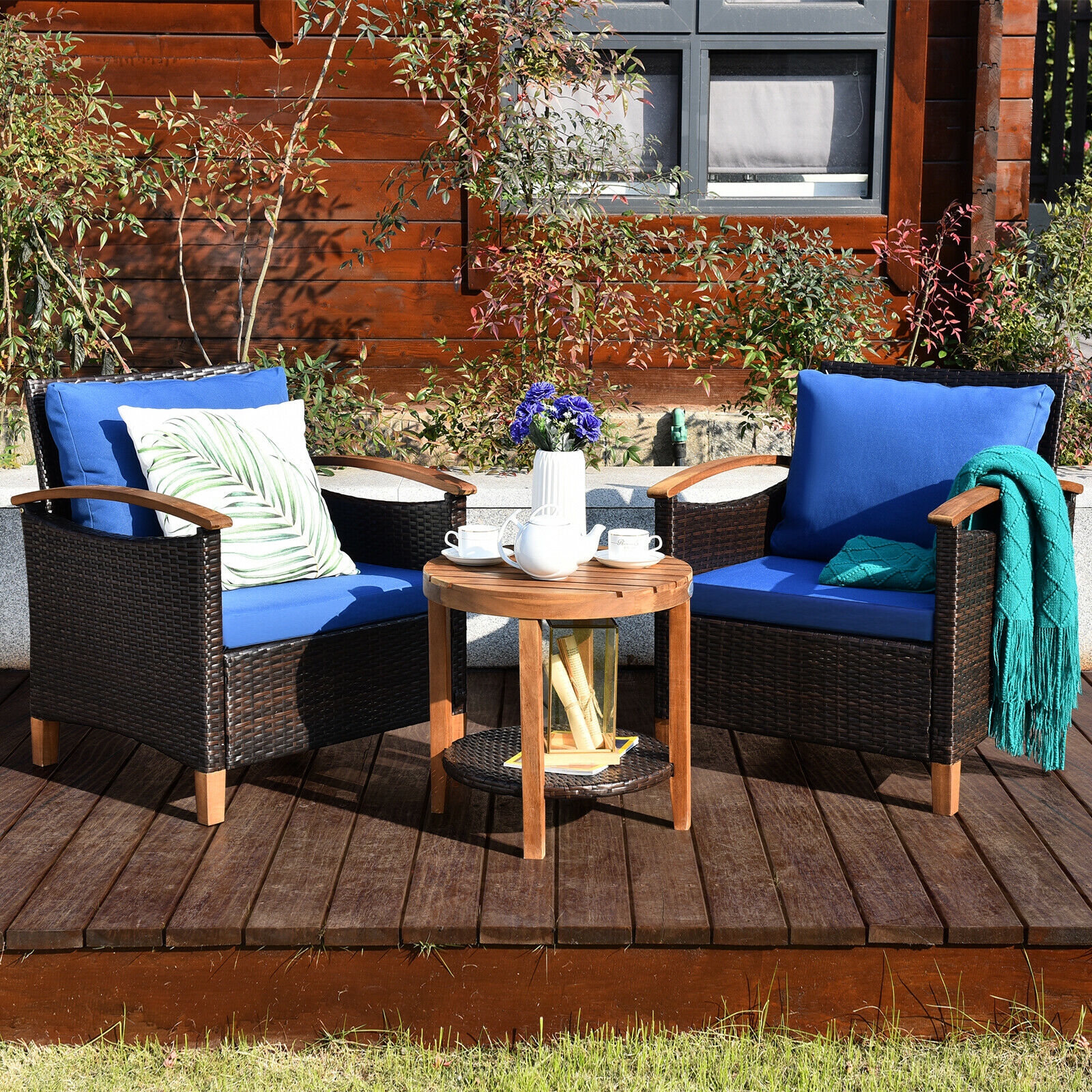 Mondawe 3 PCS Solid Wood Frame Patio Rattan Furniture Set-Mondawe