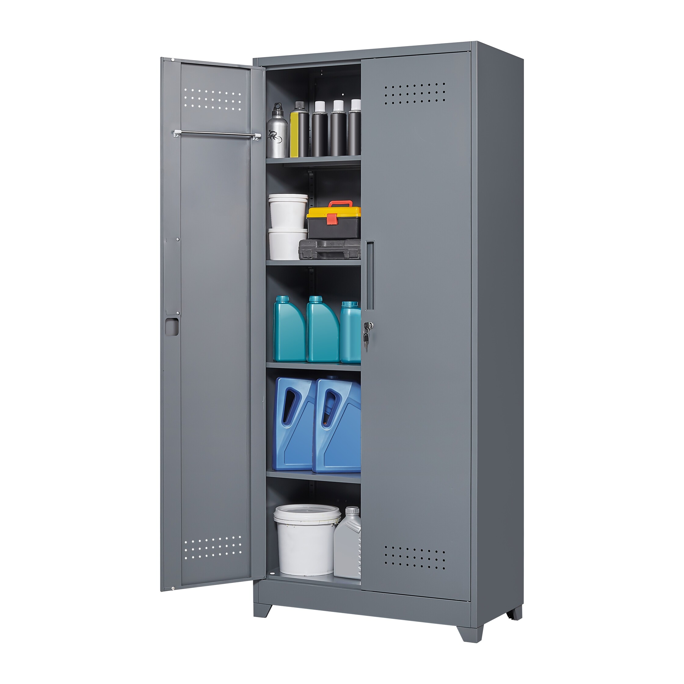 Metal Storage Cabinets, Cleaning Tool Cabinet with Locking Door, Tall Broom Tool Organizer and Storage, Large Storage Cabinet for Kitchen, Pantry, Office, Shop 