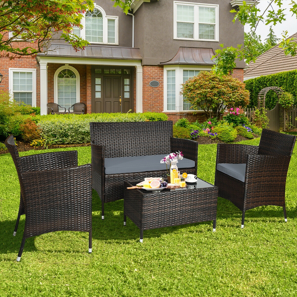 Mondawe 4 Pcs Rattan Outdoor Patio Conversation Furniture Set with Glass Table and Comfortable Wicker Sectional Sofa-Mondawe