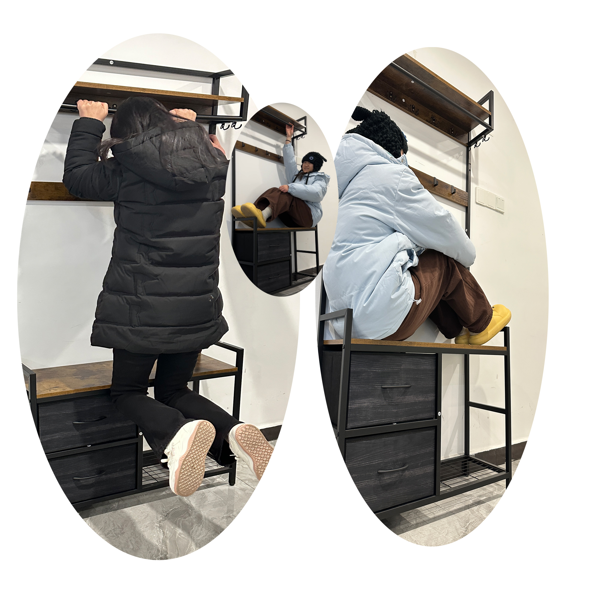 33.1" Wide Hall Tree with 2 Movable Drawers, Shoe Storage, Shelves and Garment Racks, 5-in-1 Entryway Bench with 23 Hooks (Fixed and Movable) 