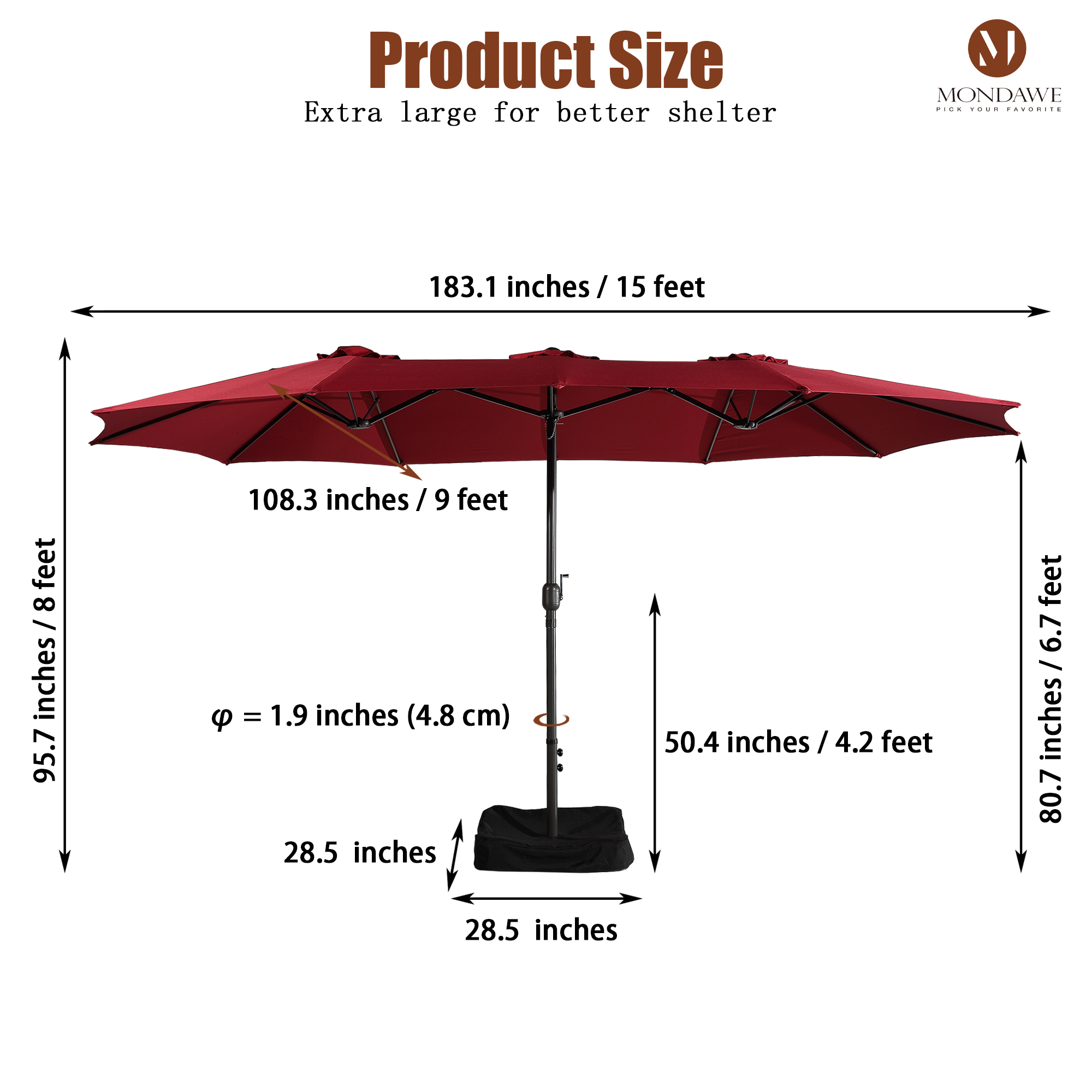 Mondawe 15ft Rectangular Patio Market Umbrella with Base-Mondawe