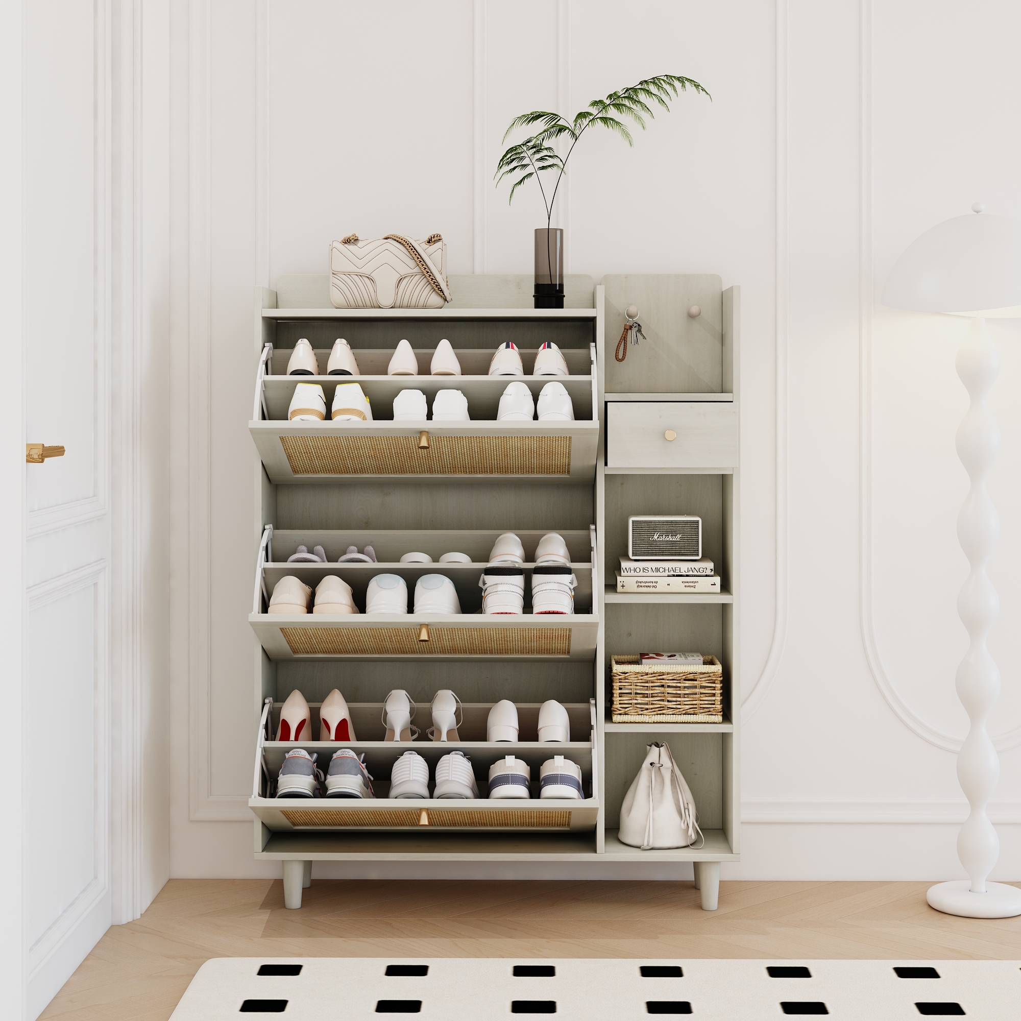 Bohemia Style Shoe Cabinet, Shoe Rack Cabinet with 3 Rattan Flip Drawers,3 Square Shelves and 1 Storage Drawer, Shoe Organizer with Mulit Storage Space and Hooks for Hallway, Entryway, (Natural/Antique white) 