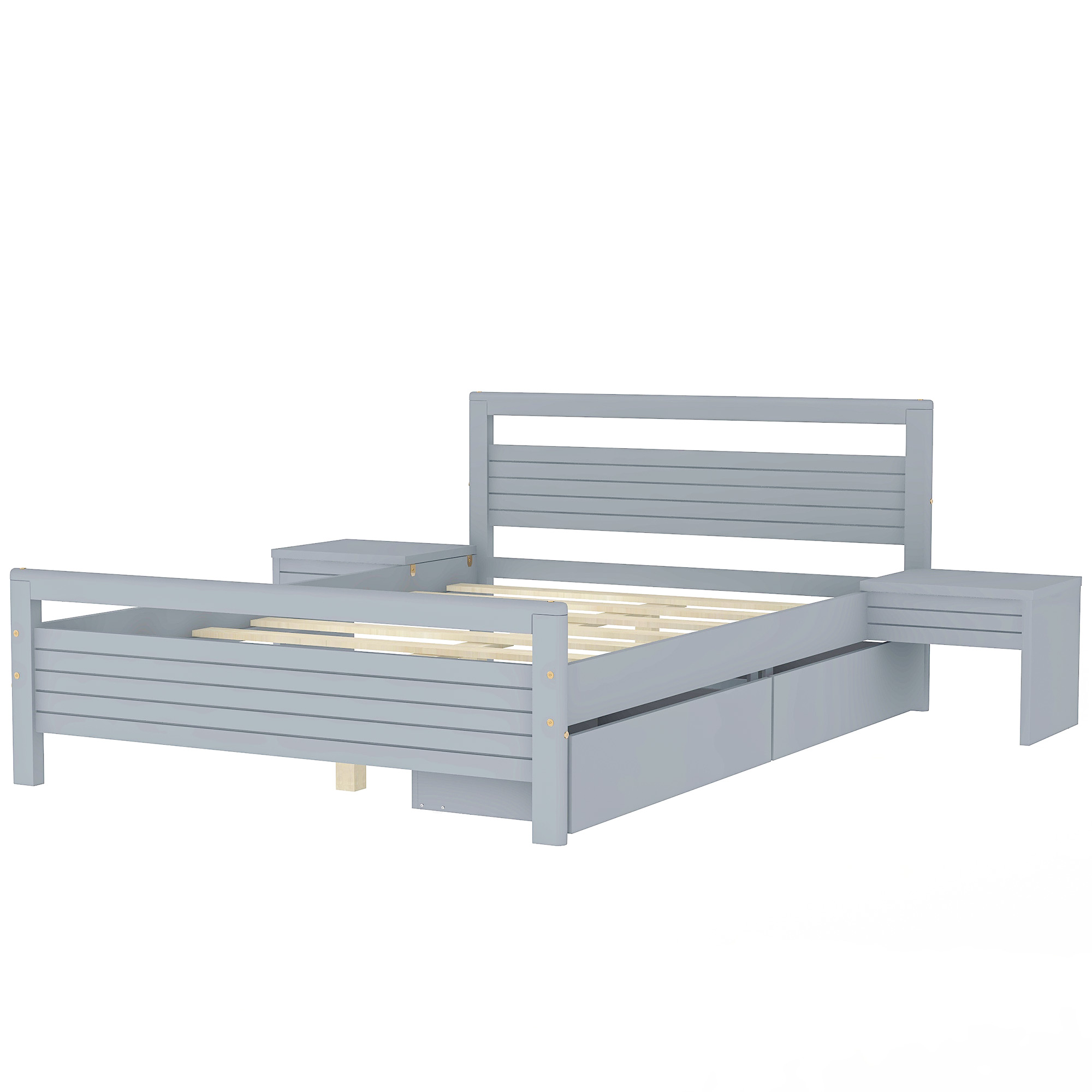Full Size Wooden Platform Bed with 2 Storage Drawers and 2 bedside tables, Gray 