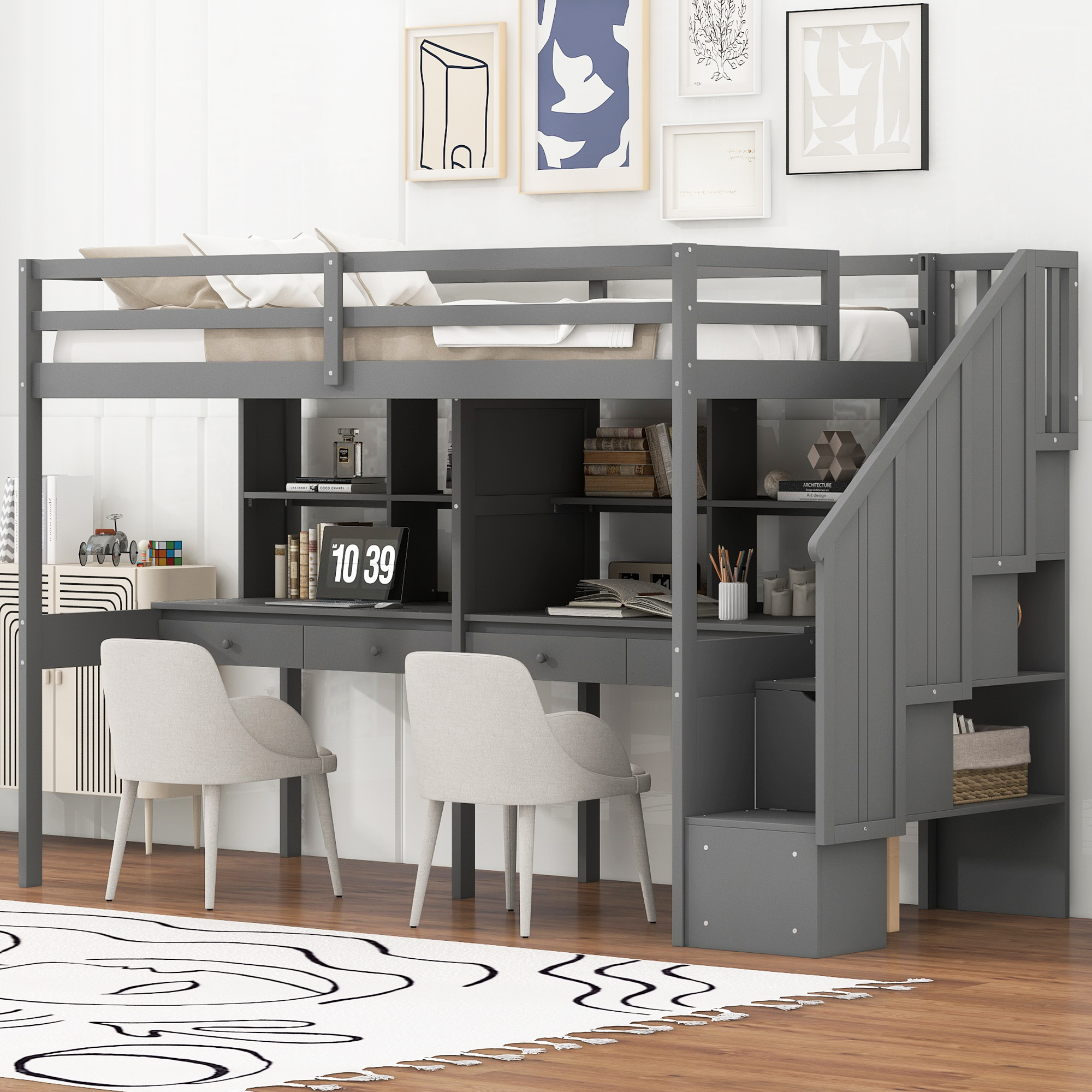 Twin Size Loft Bed Frame with Storage Staircase and Double Desks and Shelves,Gray/White