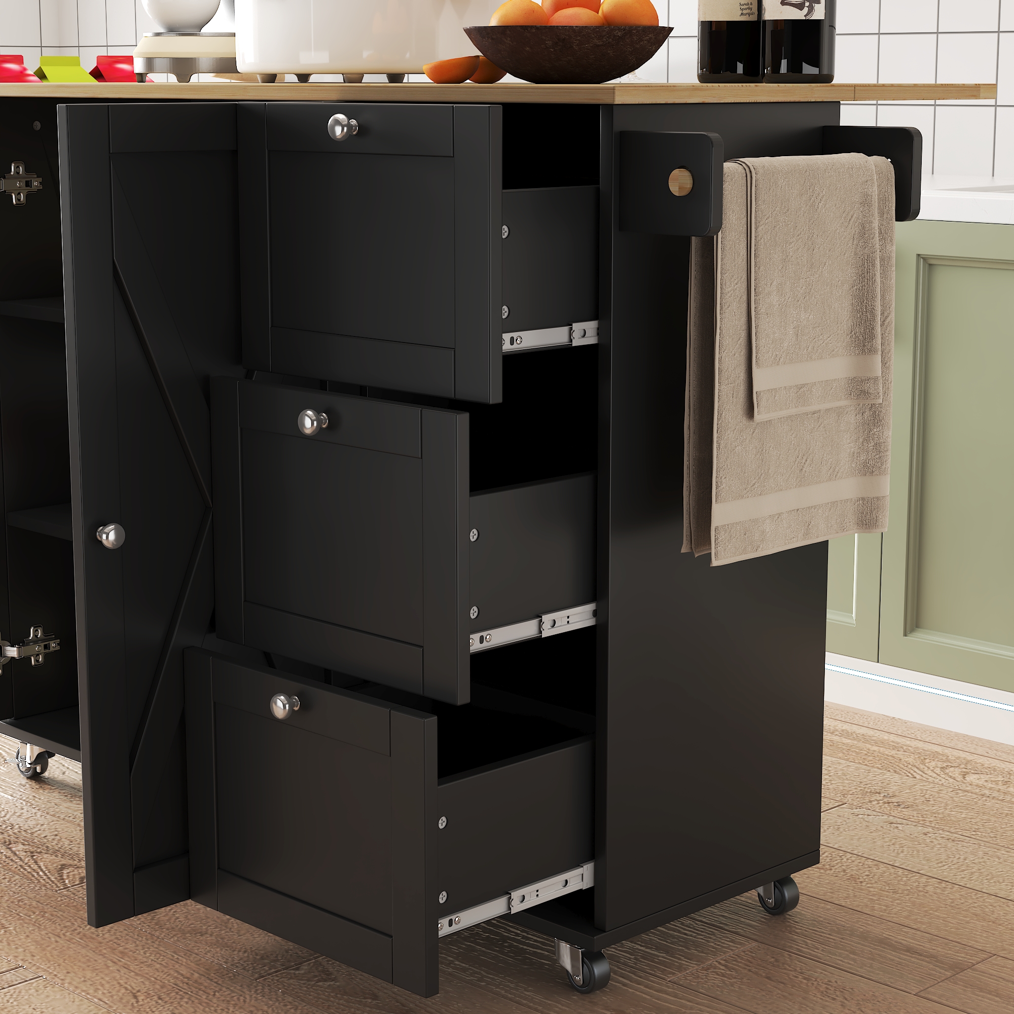 45.4" Farmhouse Black Rolling Kitchen Cart on Wheels with Storage Cabinet, Mobile Kitchen Island cart with Drop Leaf Top, Spice Rack, Towel Bar, Adjustable Shelf, Drawers and Hooks 