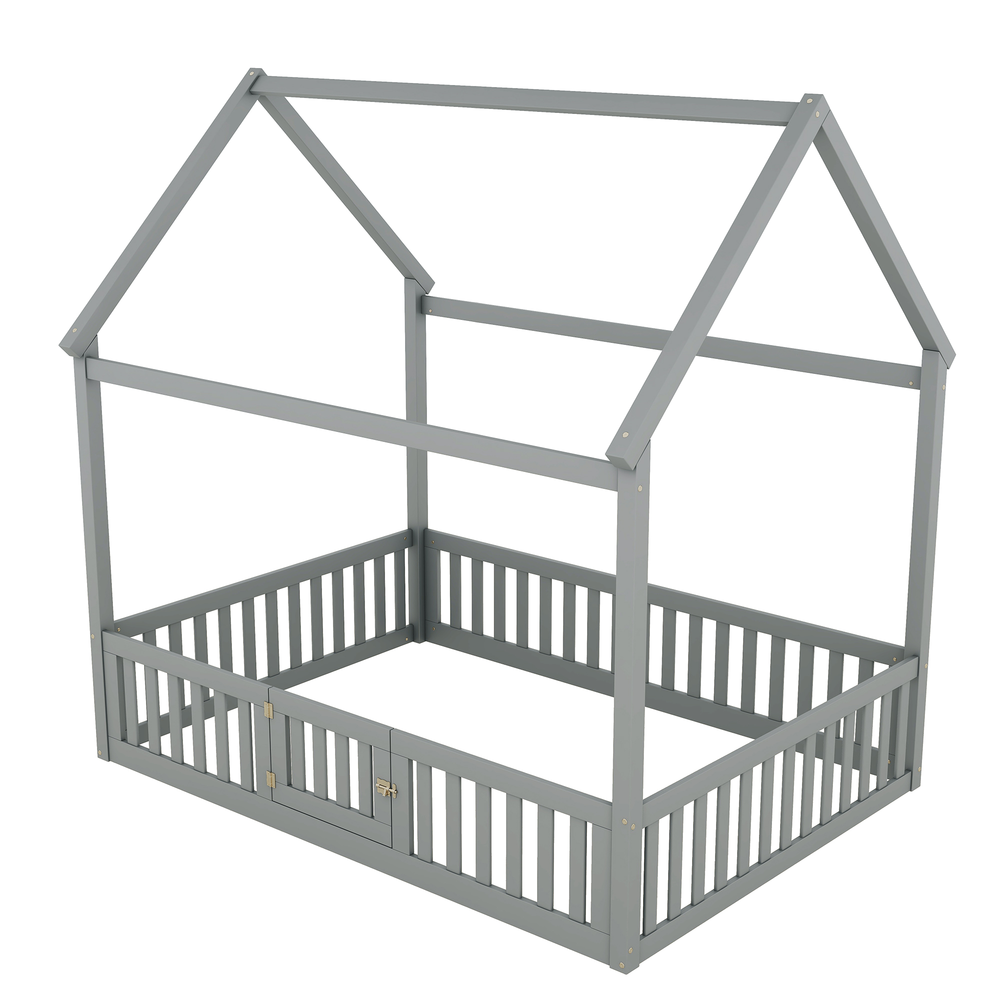Twin/Full Size Wood House Bed with Fence and Door, Gray/White