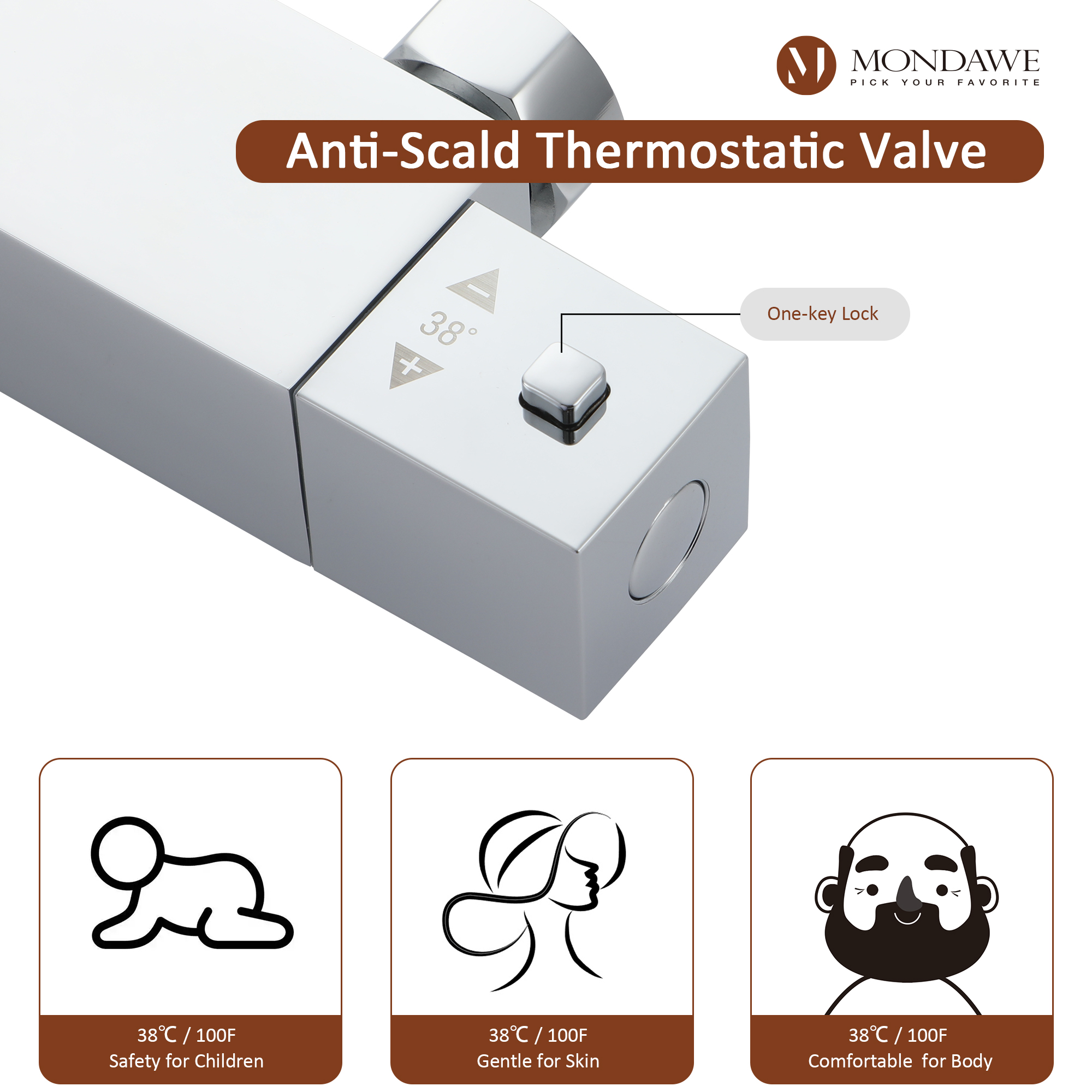 Mondawe Stainless Steel Thermostatic Shower Bar System in Black/Chrome(Square)-Mondawe