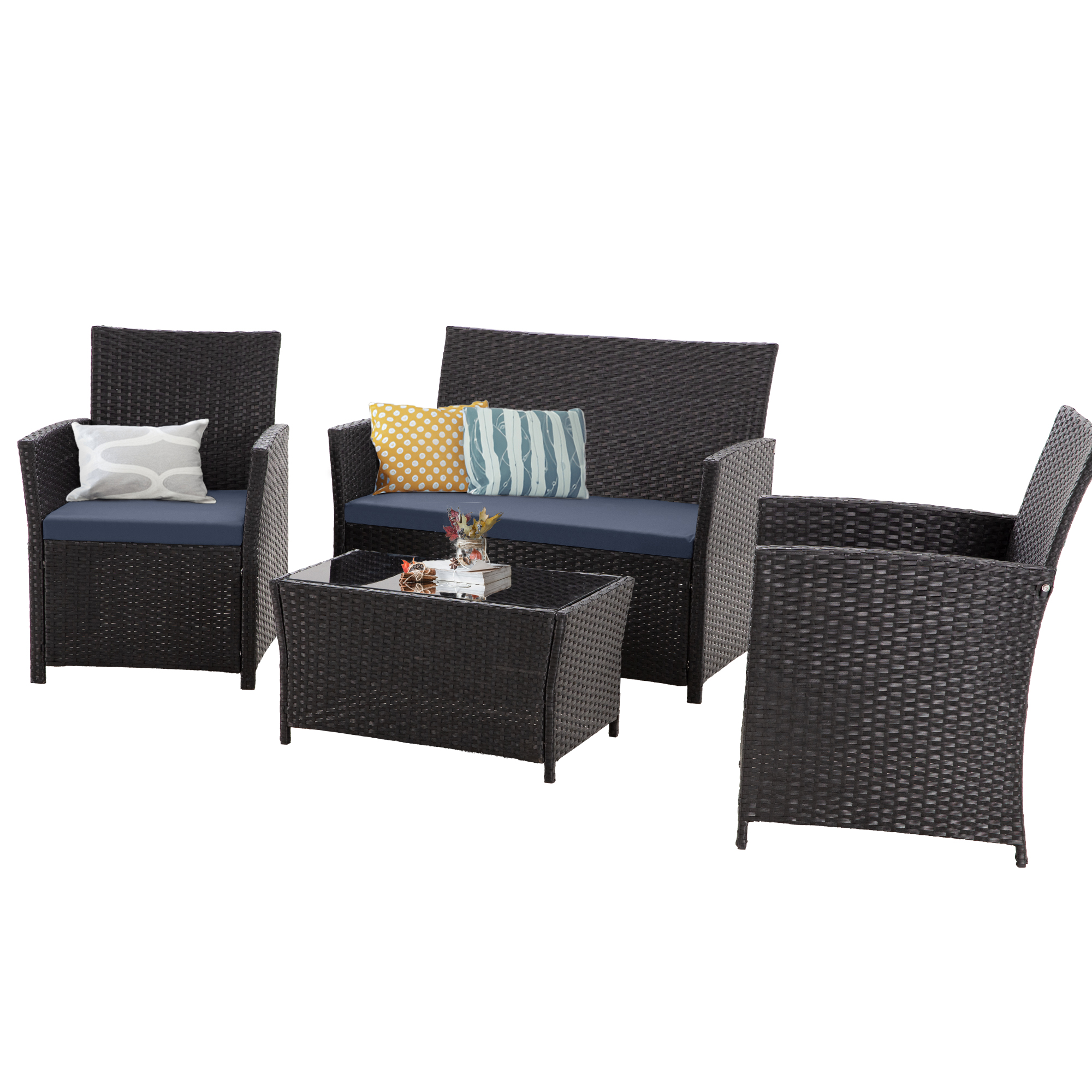 4-Piece PE Rattan Patio Furniture Set – Double Sofa, 2 Armchairs, Coffee Table with Cushions, Weather-Resistant Outdoor Conversation Set, Brown-Blue/Gray/Black-Gray/Black-Blue