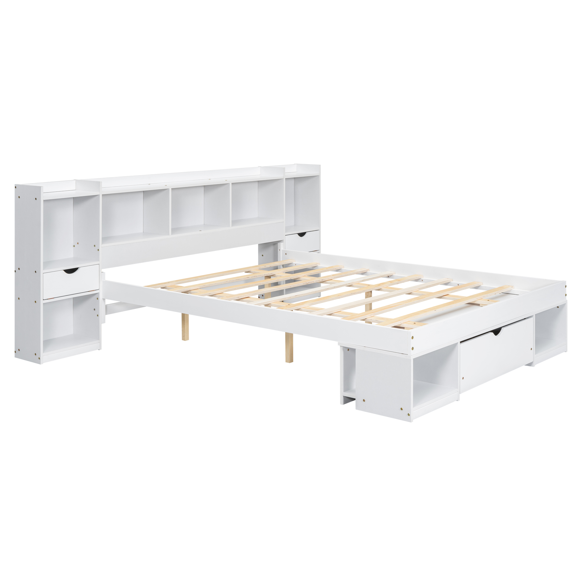 Queen Size Wood Platform Bed with Multi-storage Headboard and a Drawer, White/Gray