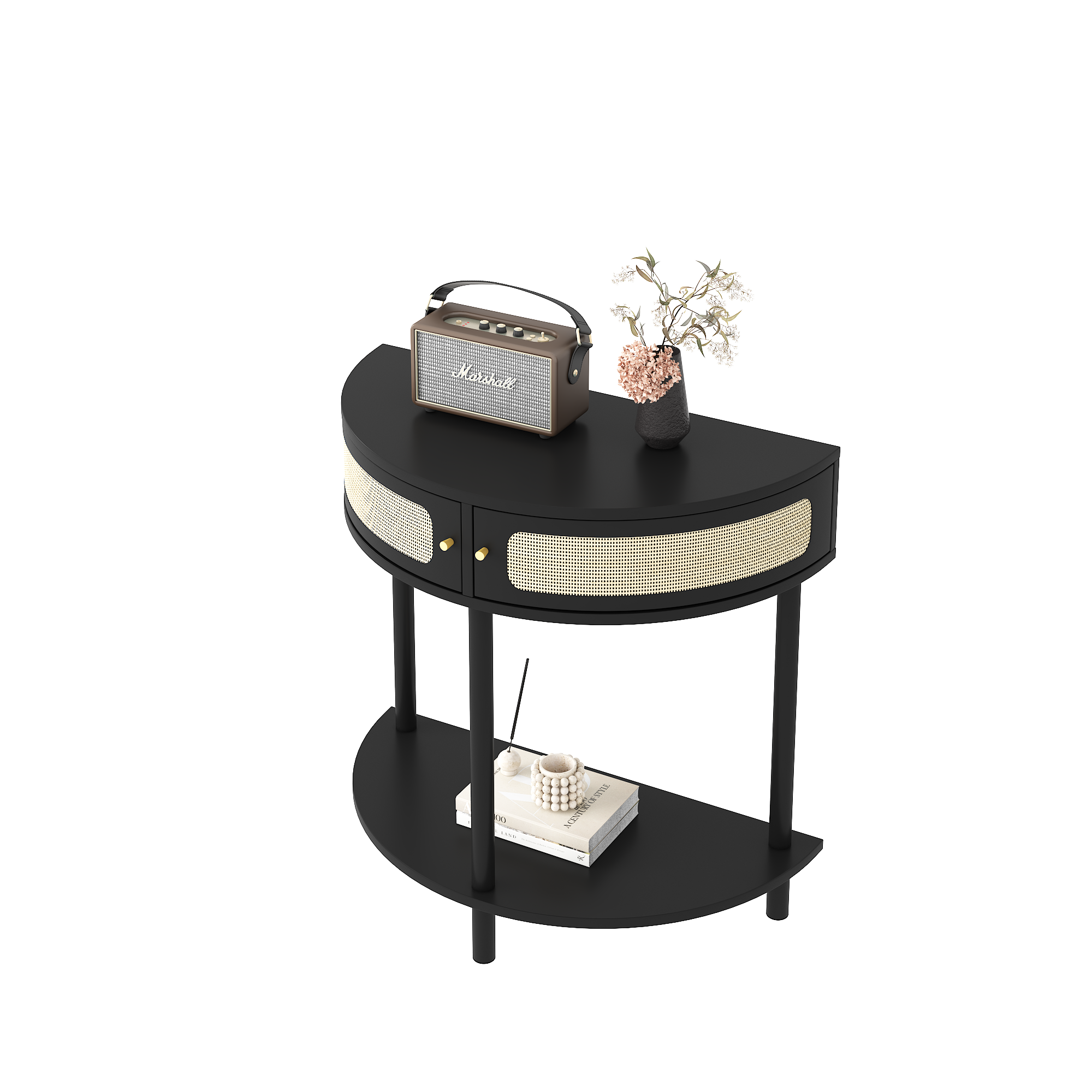 Unique Half Moon Design End Table with Sliding Rattan Door,Elegant Semi-circle Entryway Console Table with 2 Rattan Storage Cabinet and Bottom Shelf for Living room, Bedroom, Study, Hallway 