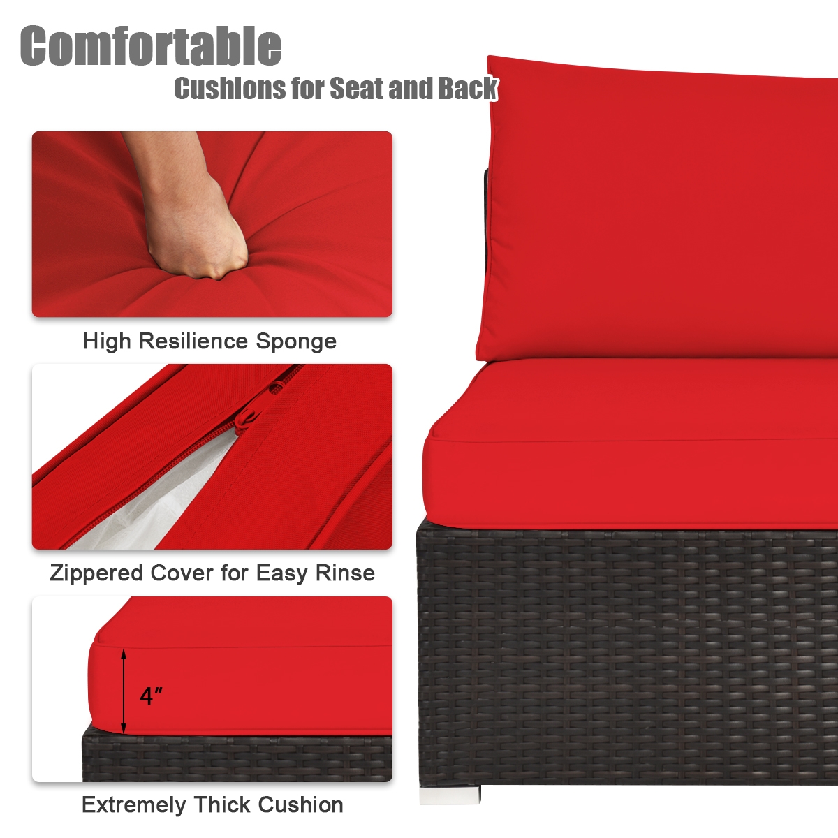 Mondawe 6 Pieces Outdoor Patio Rattan Furniture Set Sofa Ottoman-Red-Mondawe