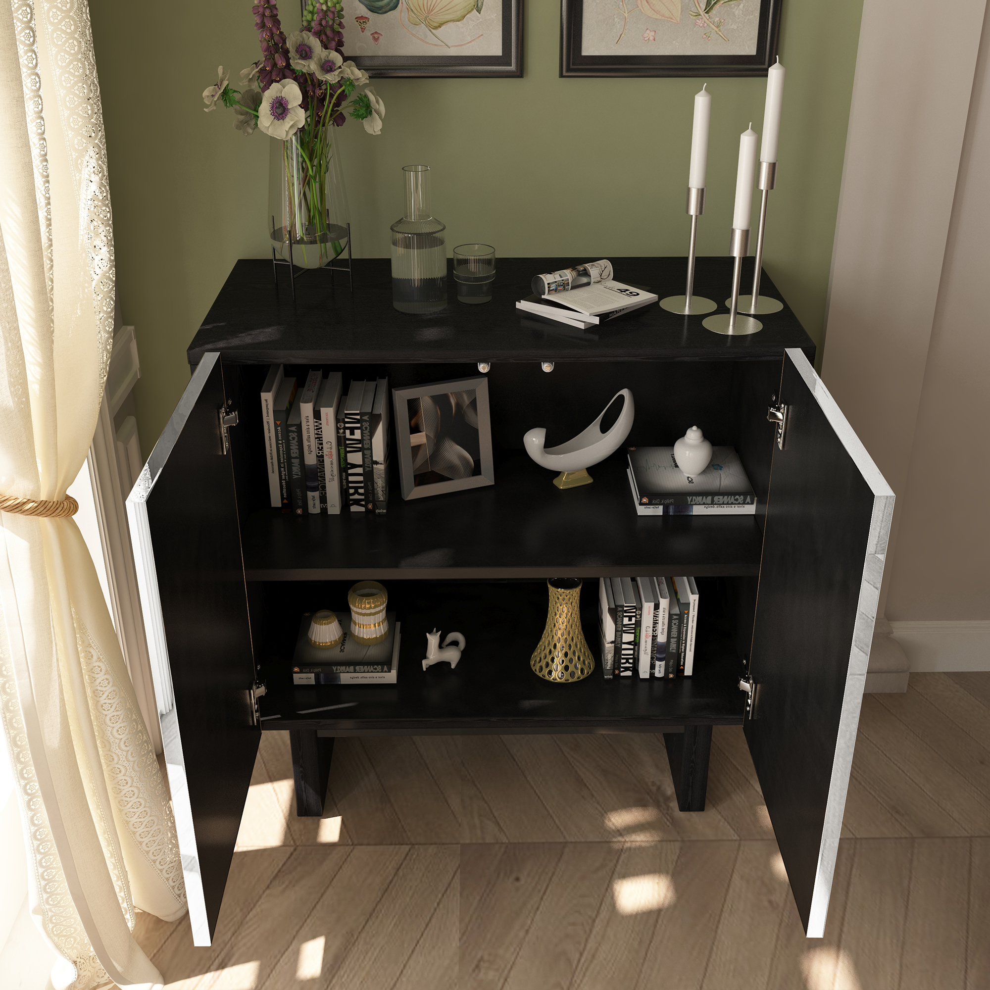 Silver MDF 2-Door/4-Door Wood 62.99 in. Buffet Sideboard Dining Table For Living Room, Foyer and Kitchen-Dining Room