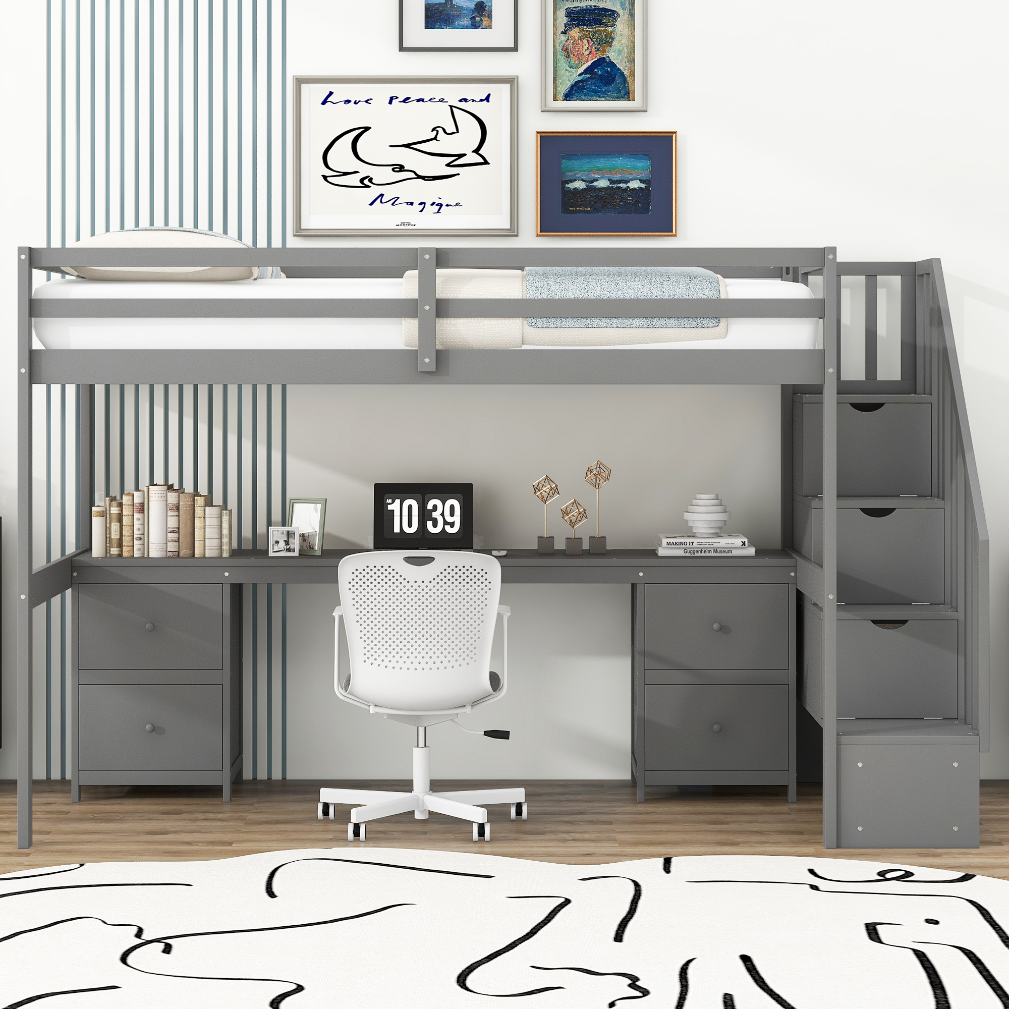 Twin Size Loft Bed Frame with Built-in Desk and Double Storage Drawers,White/Gray