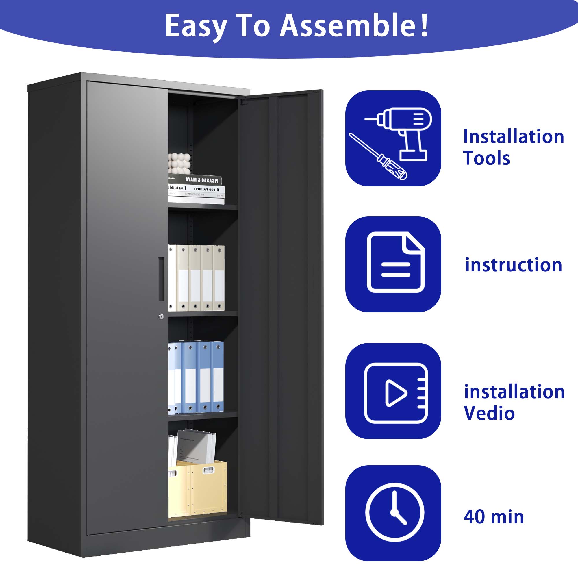 71"H Metal Garage Storage Cabinet, Black/White Tool Steel Locking Cabinet with Doors and 3 Shelves, Tall Cabinets for Garage Storage Systems Lockable File Cabinet for Home Office