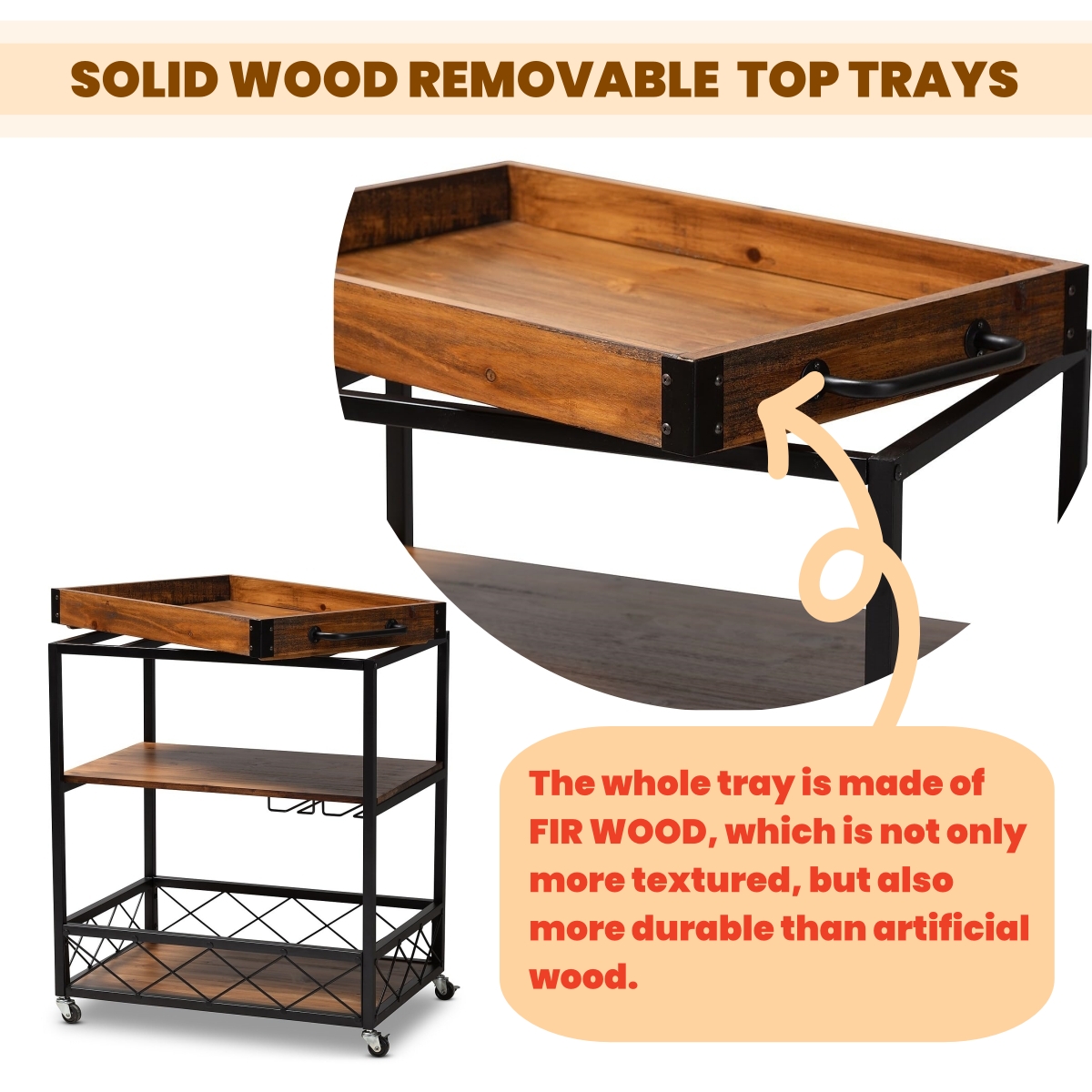 32.6'' Tall Industrial Style Rolling Kitchen Island Wine Cart with Black Finished, Fir Wood Mobile Metal Wine Bar Cart with Glass Rack, Oak Brown 