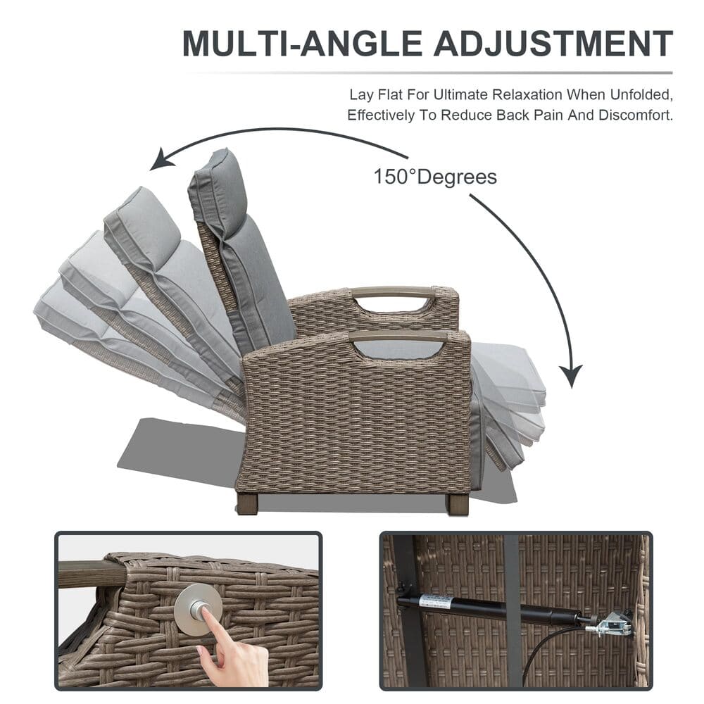 Outdoor Recliner Chair, Patio Recliner with Hand-Woven Wicker, Flip Table Push Back, Adjustable Angle, Thickness Cushions