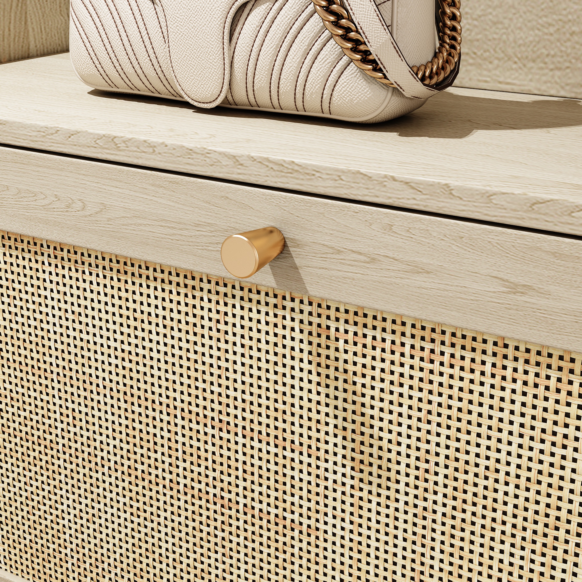 Bohemia Style Shoe Cabinet, Shoe Rack Cabinet with 3 Rattan Flip Drawers,3 Square Shelves and 1 Storage Drawer, Shoe Organizer with Mulit Storage Space and Hooks for Hallway, Entryway, (Natural/Antique white) 