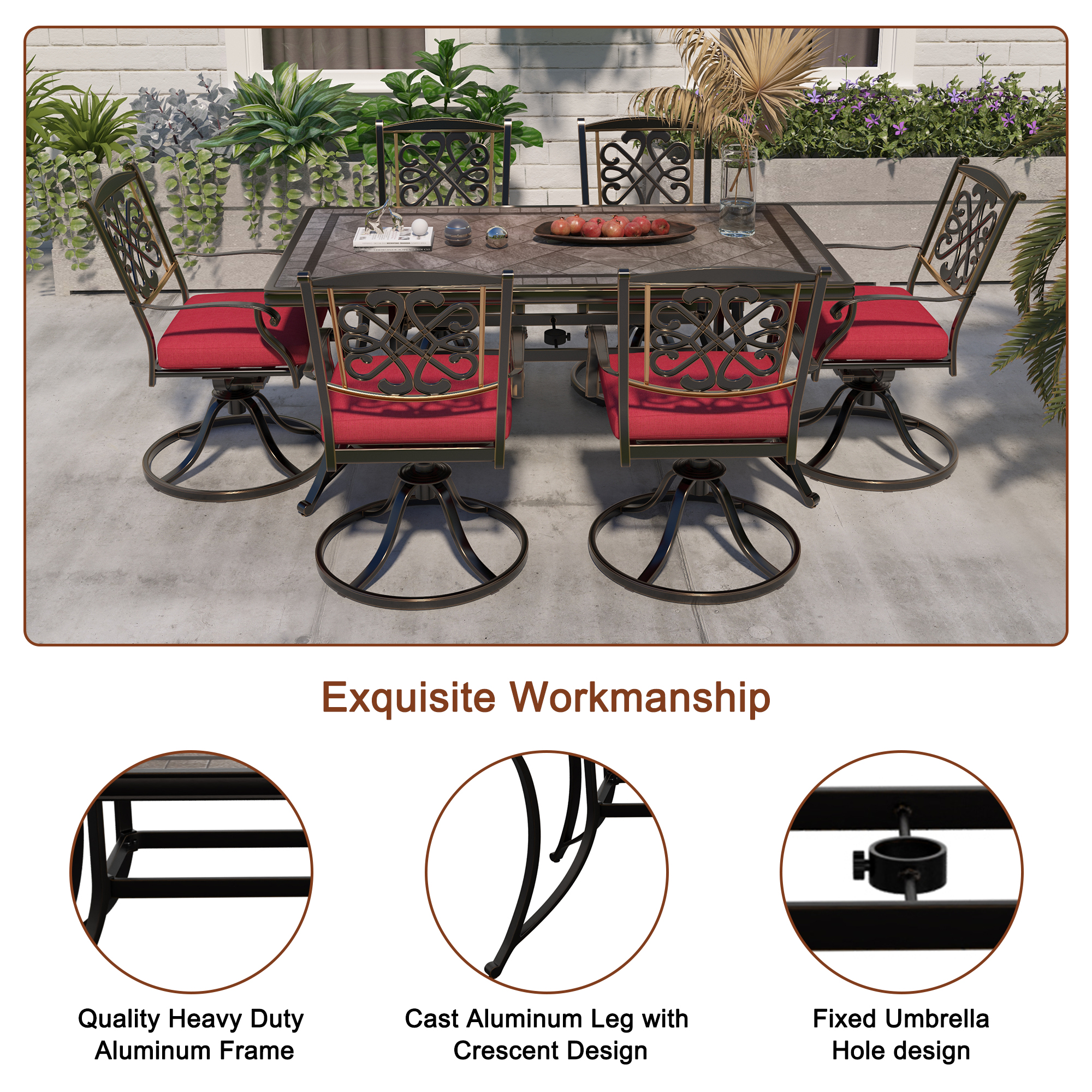 Boyelliving Gray Frame Rectangle Aluminum 28 in. H Outdoor Dining Table with Umbrella Hole and Dark Gold Finished-Boyelliving