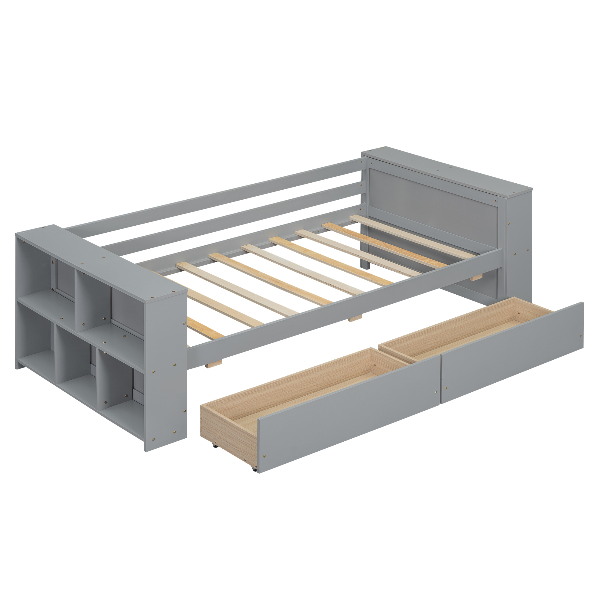 Twin Size Daybed with Shelves and Drawers, Gray/White