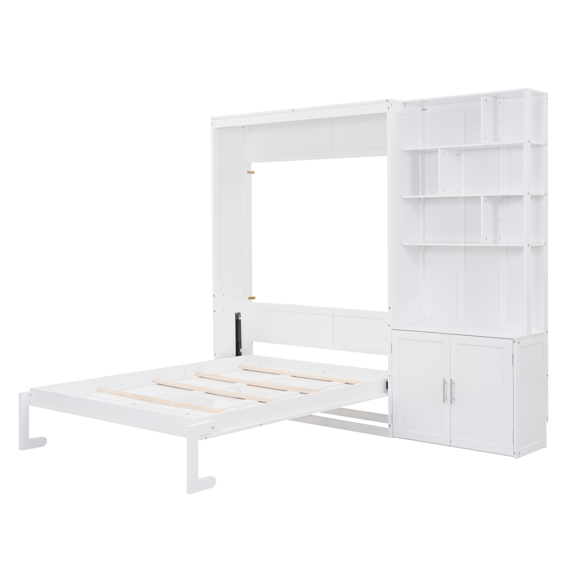 Full Size Murphy Bed with Multiple Storage Shelves and A Cabinet, White 