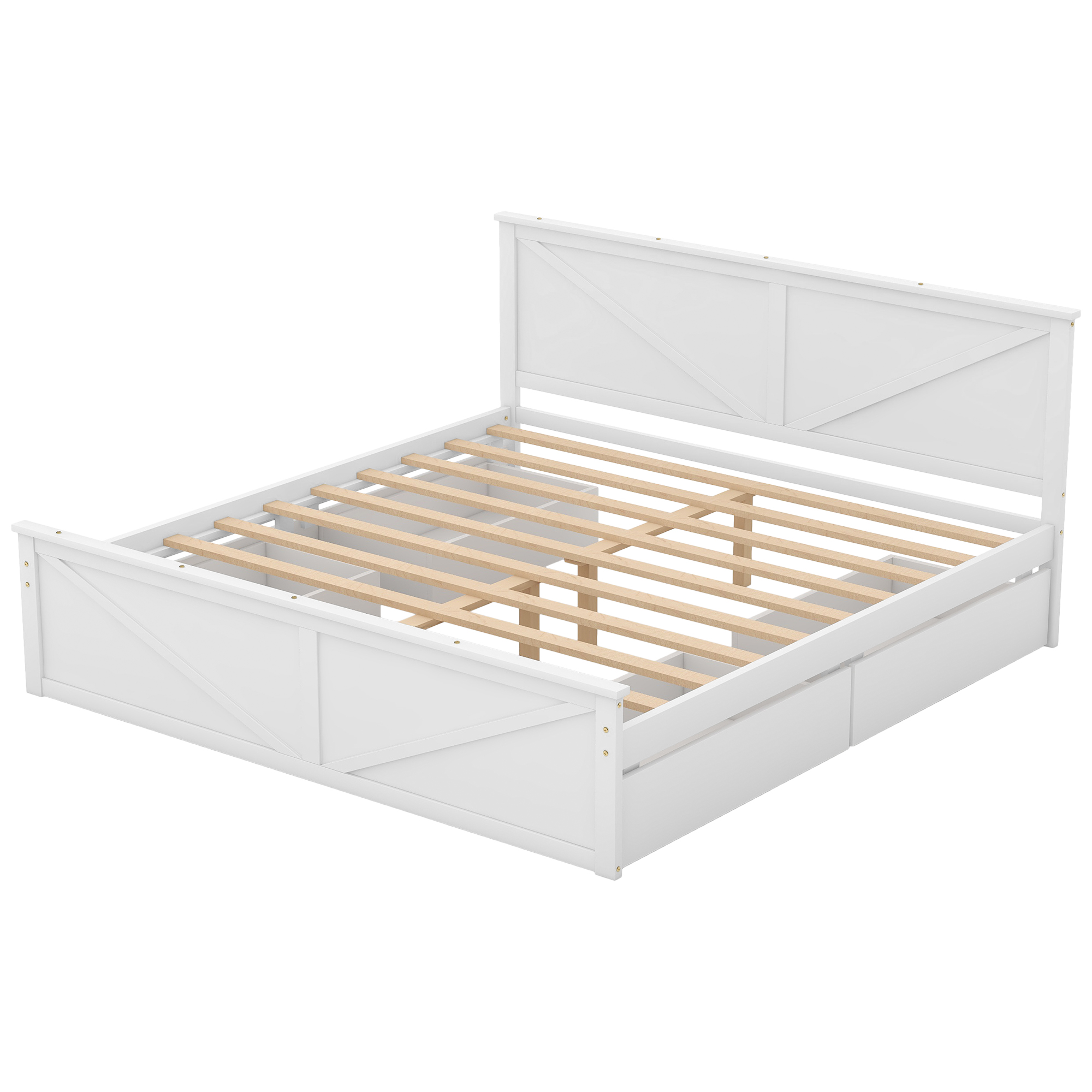King/Queen Size Wooden Platform Bed with Four Storage Drawers and Support Legs, White/Gray