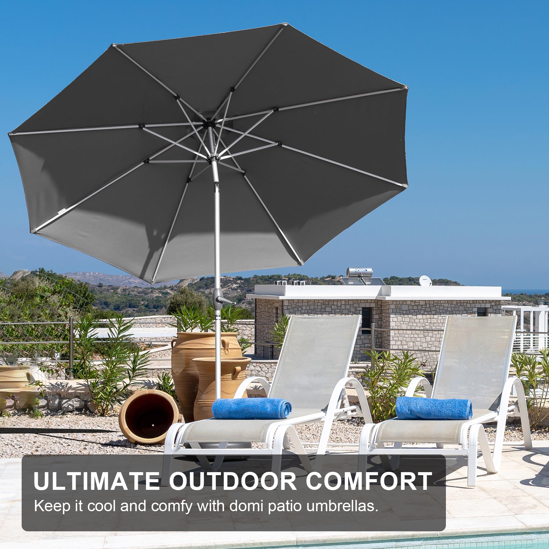 9FT Patio Umbrella, Outdoor Table Umbrella with Push Button Tilt and Crank, UV Protection Waterproof Market Sun Umbrella with 8 Sturdy Ribs for Garden, Deck, Backyard, Pool (Navy Blue/Brick red/Beige/Gray)