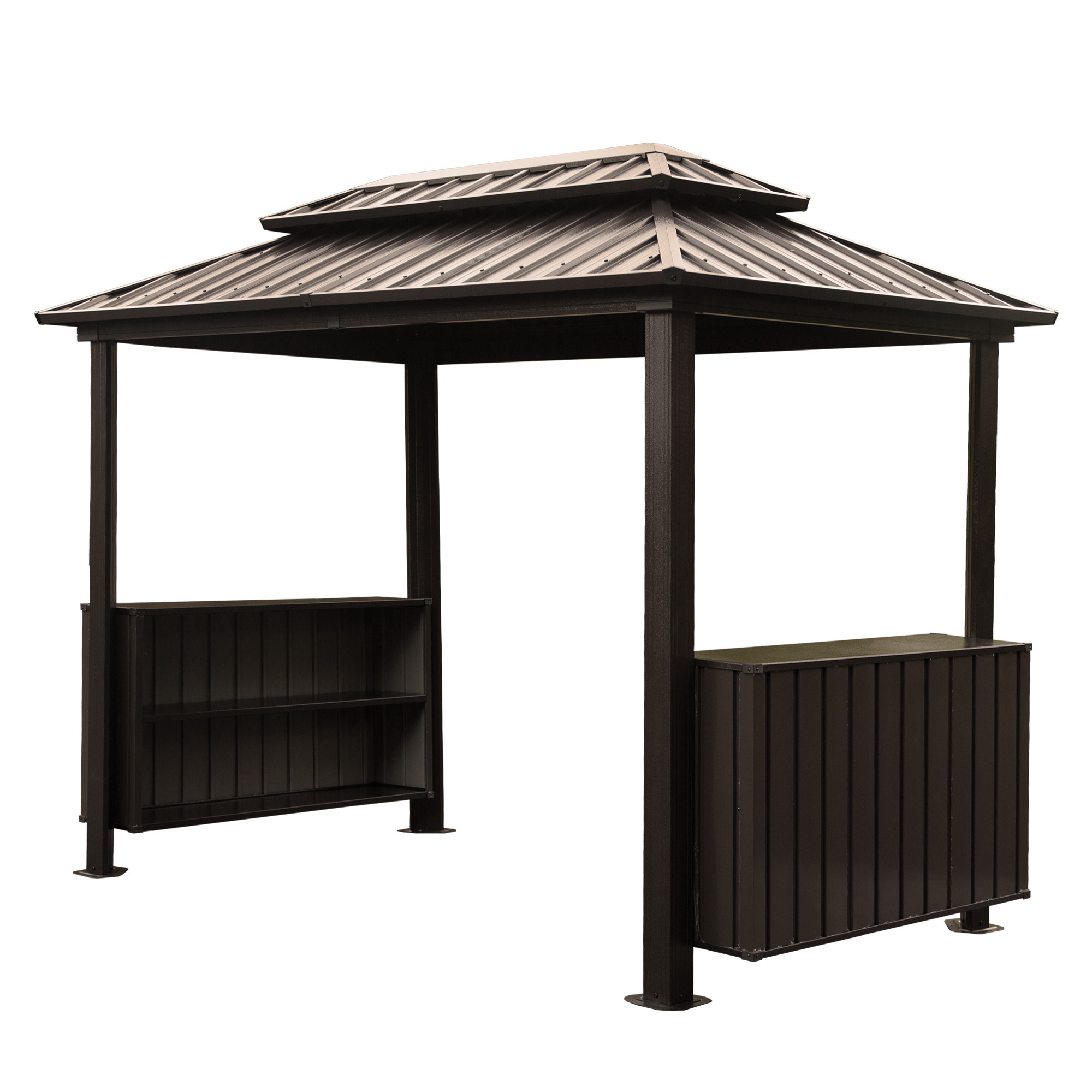 Hardtop Grill Gazebo, Outdoor BBQ Gazebo with 2 Side Shelves and Sloping Galvanized Steel Roof, Metal Permanent Grill Canopy with Ceiling Hooks for Patio, Lawn, Backyard, Deck