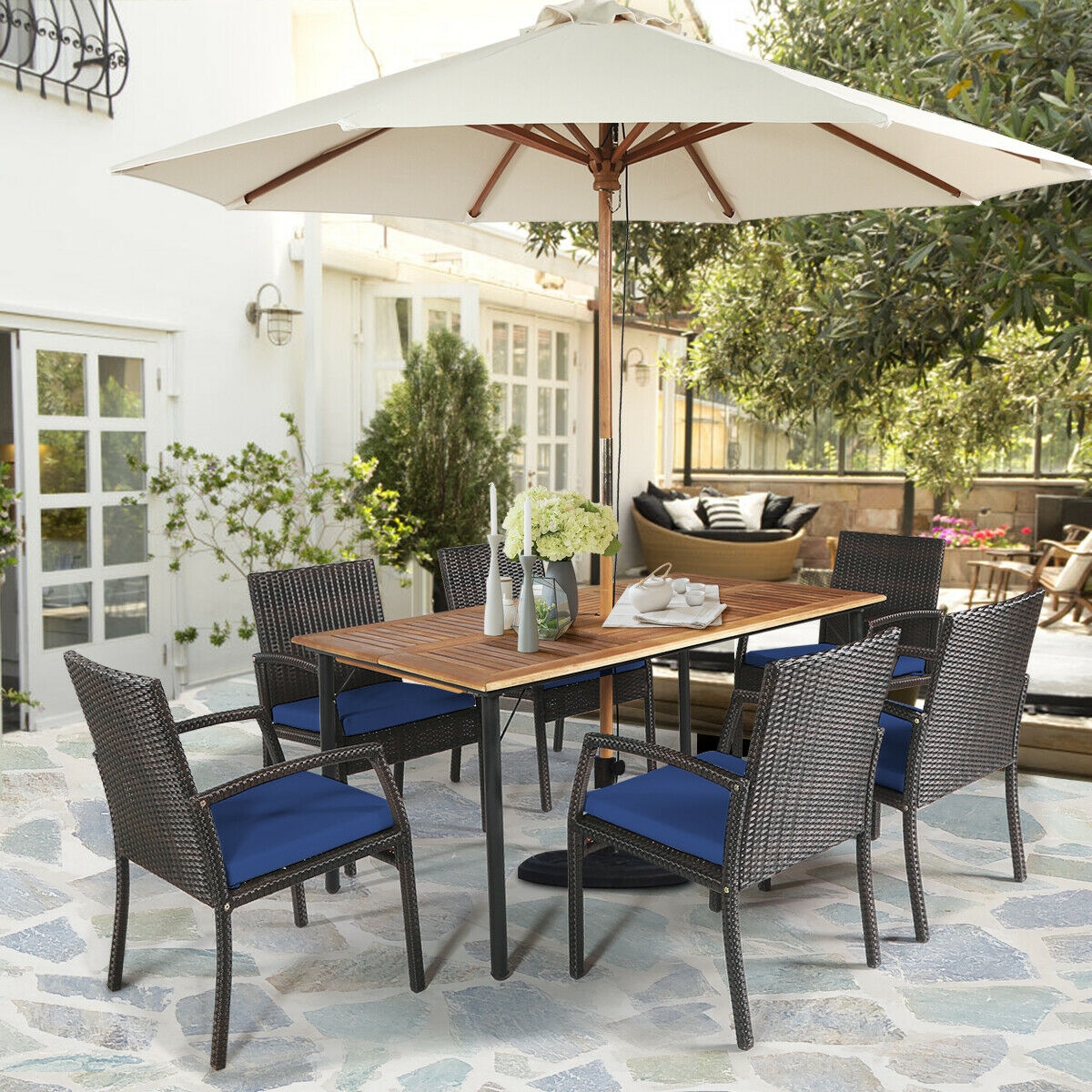 Mondawe 7Pcs Patio Rattan Cushioned Dining Set with Umbrella Hole-Navy-Mondawe