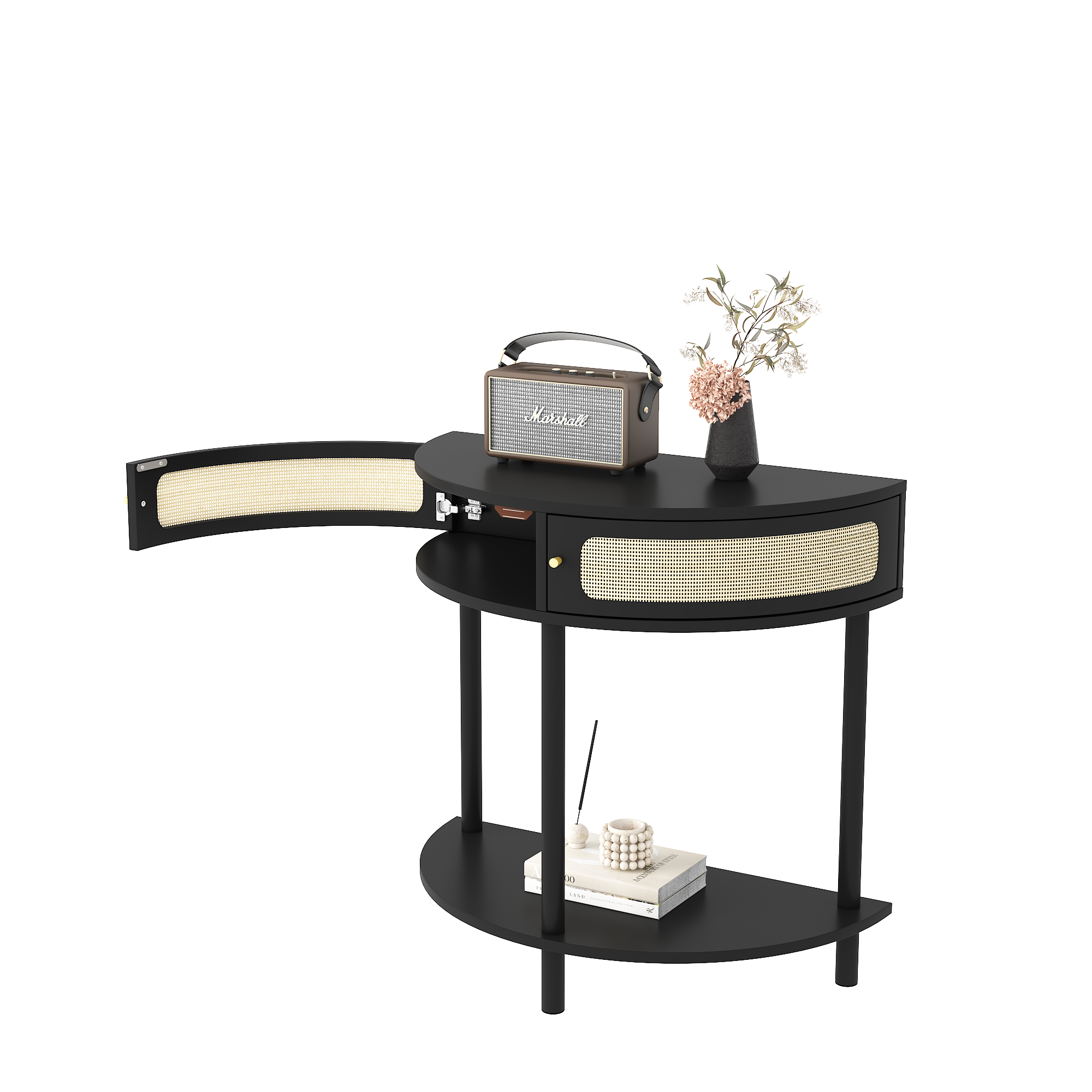 Unique Half Moon Design End Table with Sliding Rattan Door,Elegant Semi-circle Entryway Console Table with 2 Rattan Storage Cabinet and Bottom Shelf for Living room, Bedroom, Study, Hallway 