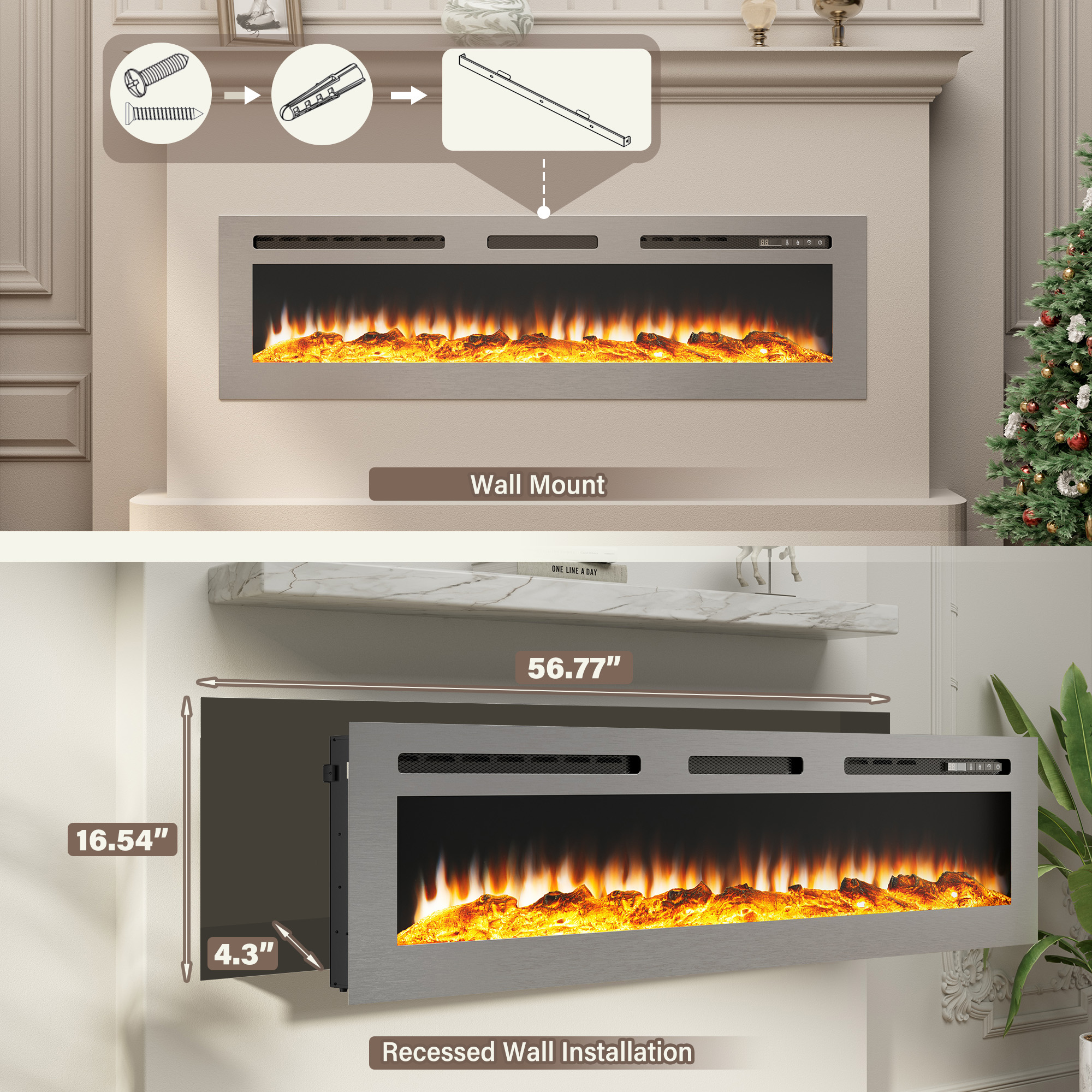 60 in. Wall Mounted and Recessed Electric Fireplace Insert with Stainless Steel Surface and 12 Flame Colors