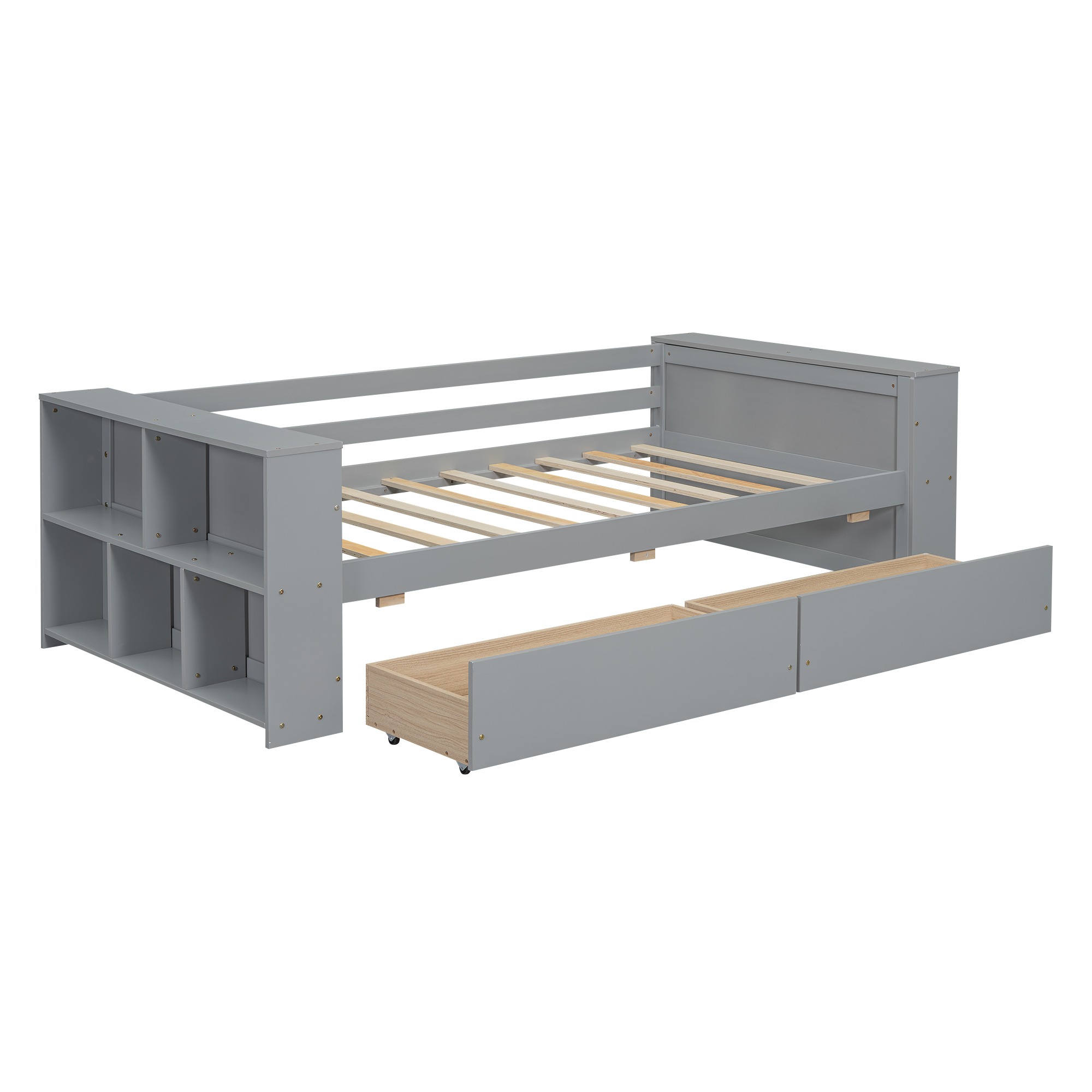 Twin Size Daybed with Shelves and Drawers, Gray/White
