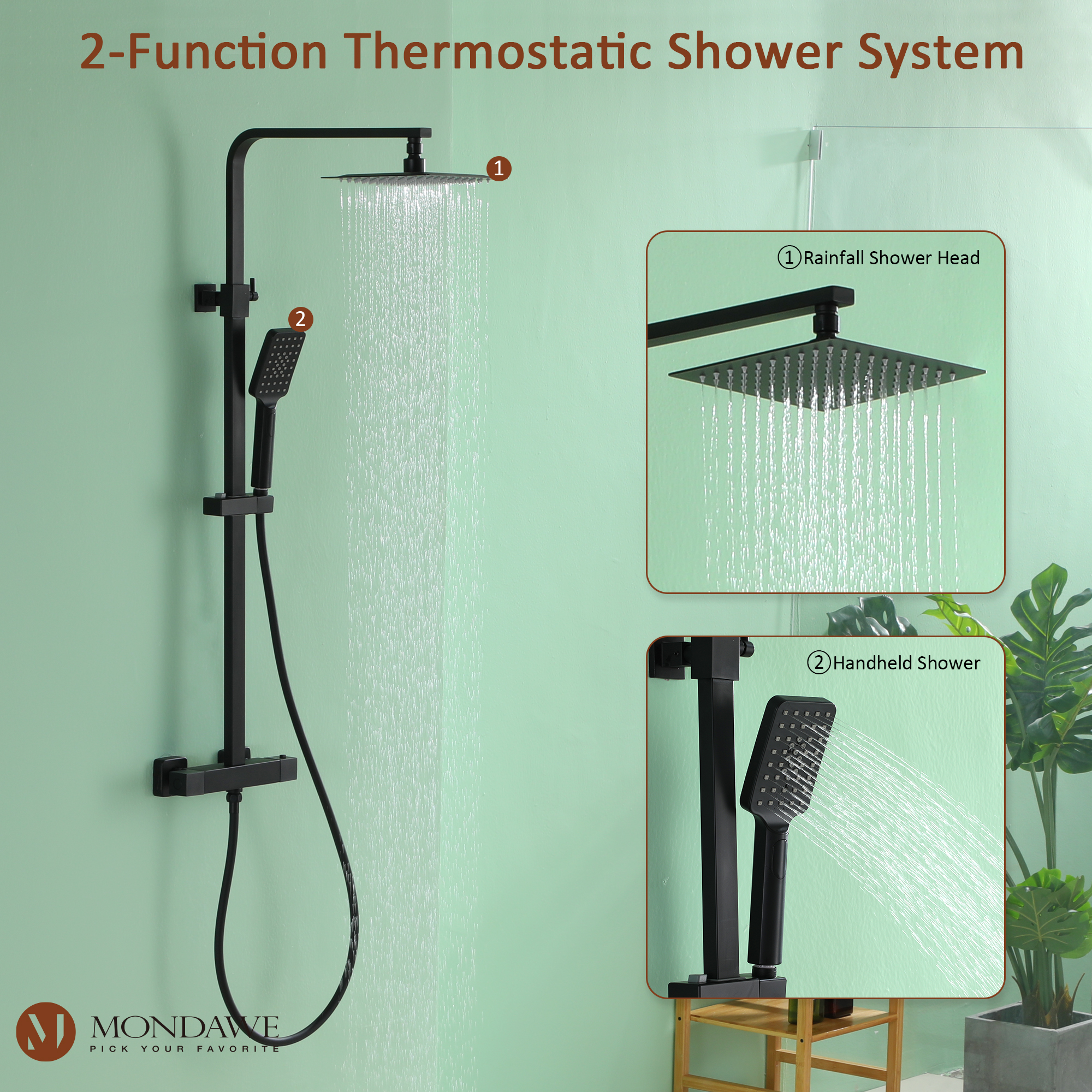 Mondawe Stainless Steel Thermostatic Shower Bar System in Black/Chrome(Square)-Mondawe