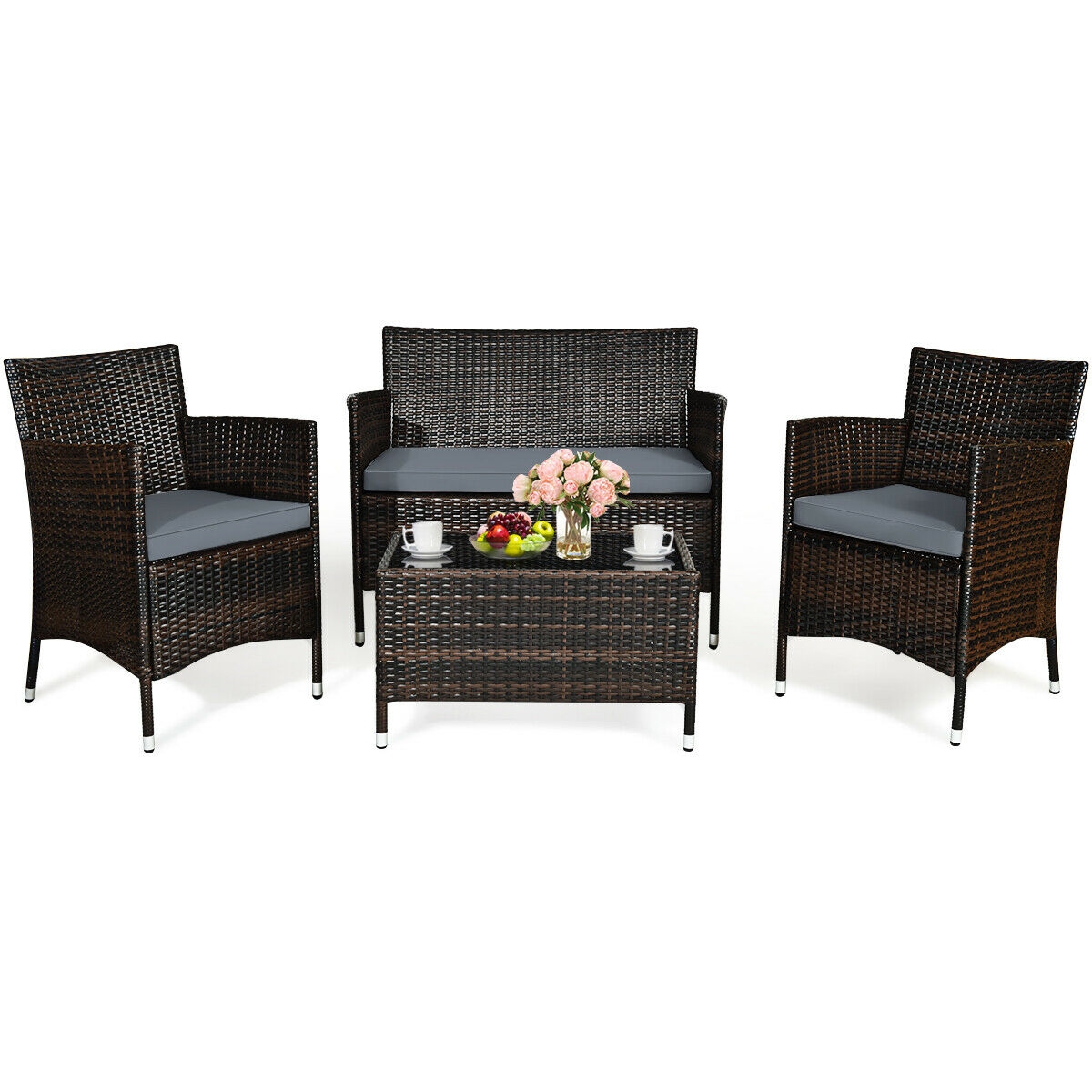 Mondawe 4 Pcs Rattan Outdoor Patio Conversation Furniture Set with Glass Table and Comfortable Wicker Sectional Sofa-Mondawe