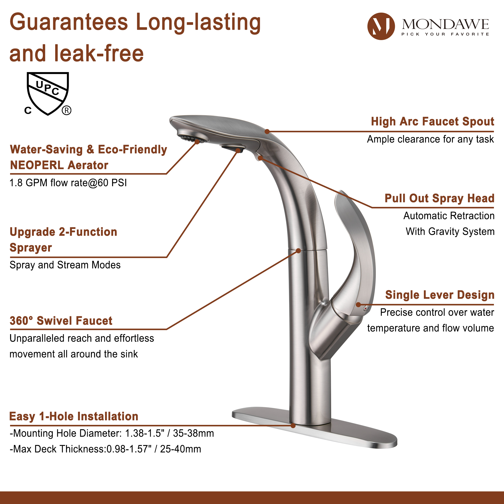 Mondawe 3-FunctionTulip High Arc Pull Down Single Handle Deck Mount Best Kitchen Faucets 2022-Mondawe