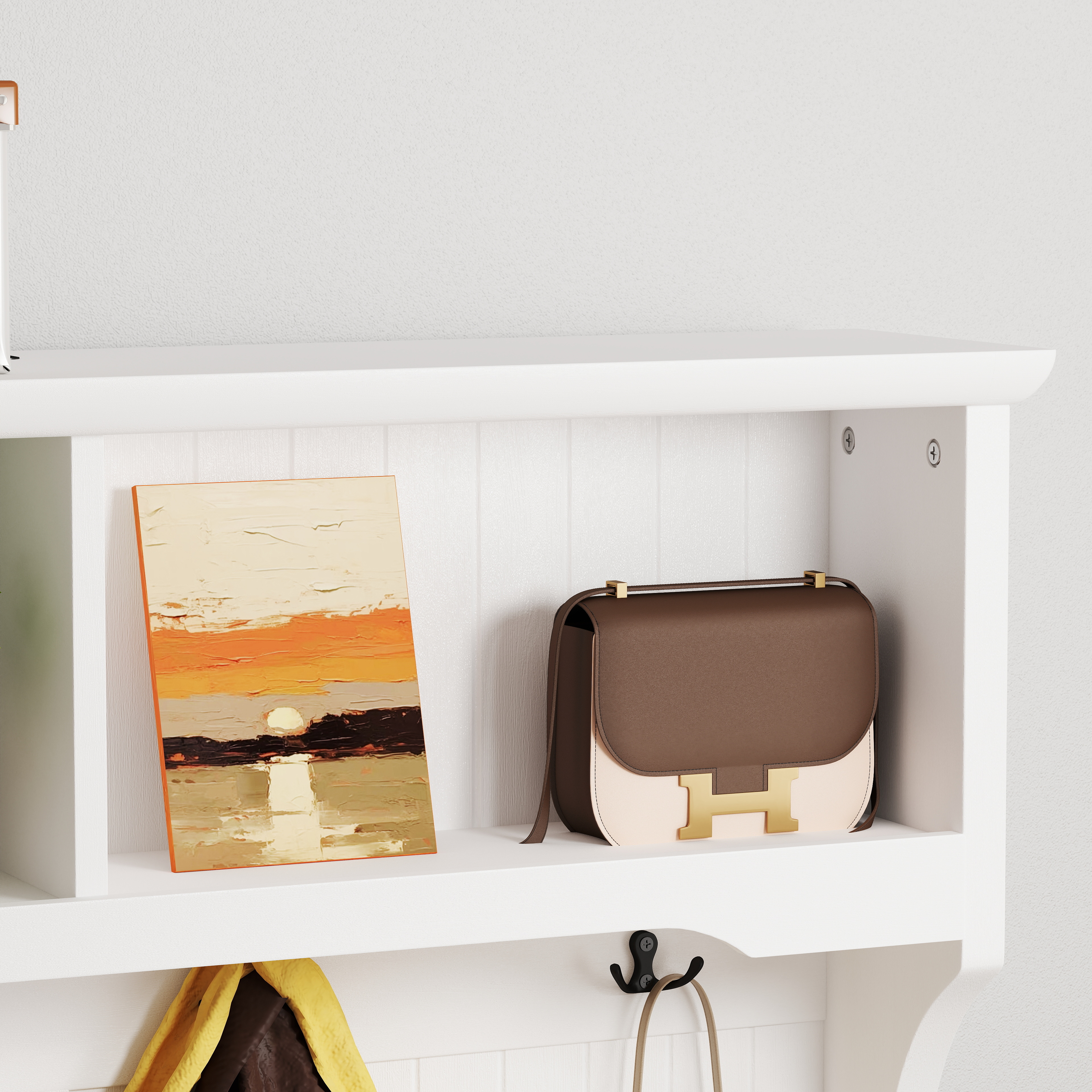 3-in-1 Hallway Hall Tree with 2 Storage Drawer and 4 Coat Rack, Wooden Entryway Shoe Rack Bench with Padded Seat Cushion, Mudroom Bench with Top Storage Shelf 