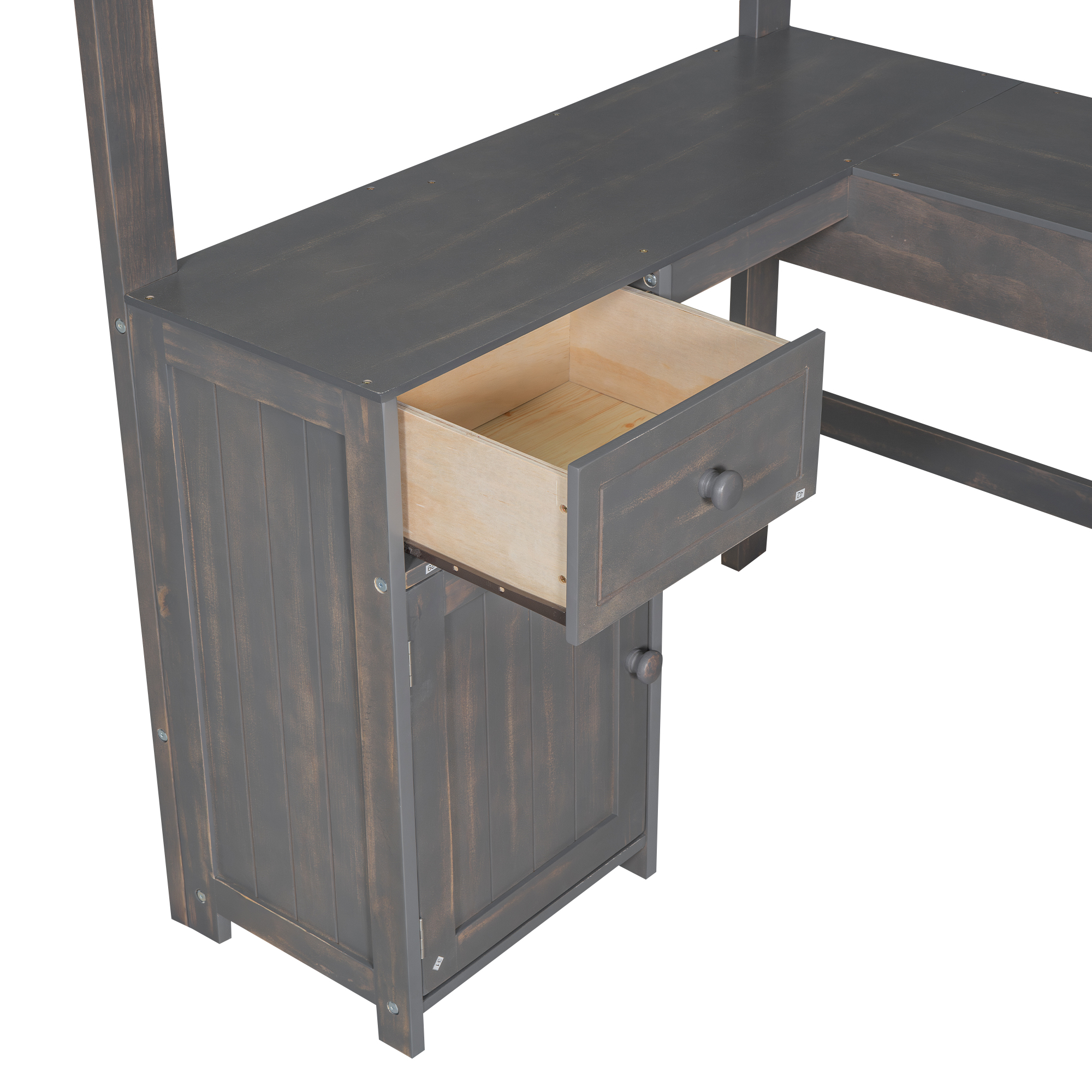 Full/Twin Size Loft Bed with U-shaped Desk, Drawers and Storage Shelves, White/Antique Brown 