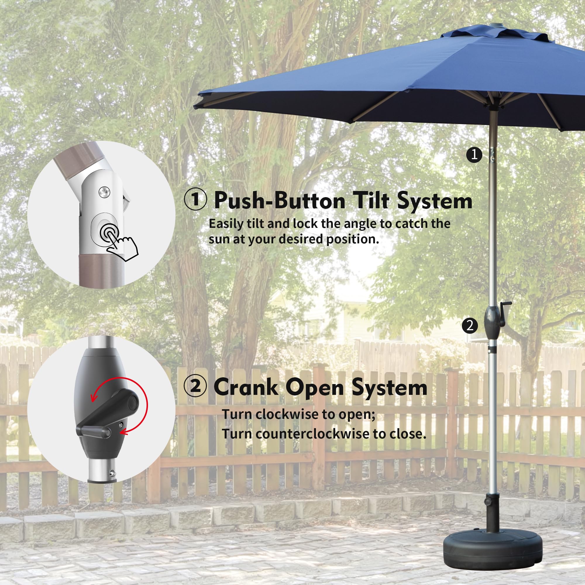 10FT Patio Umbrella, Outdoor Table Umbrella with Push Button Tilt and Crank, UV Protection Waterproof Market Sun Umbrella with 8 Sturdy Ribs for Garden, Deck, Backyard, Pool (Brick red /Navy Blue /Gray)