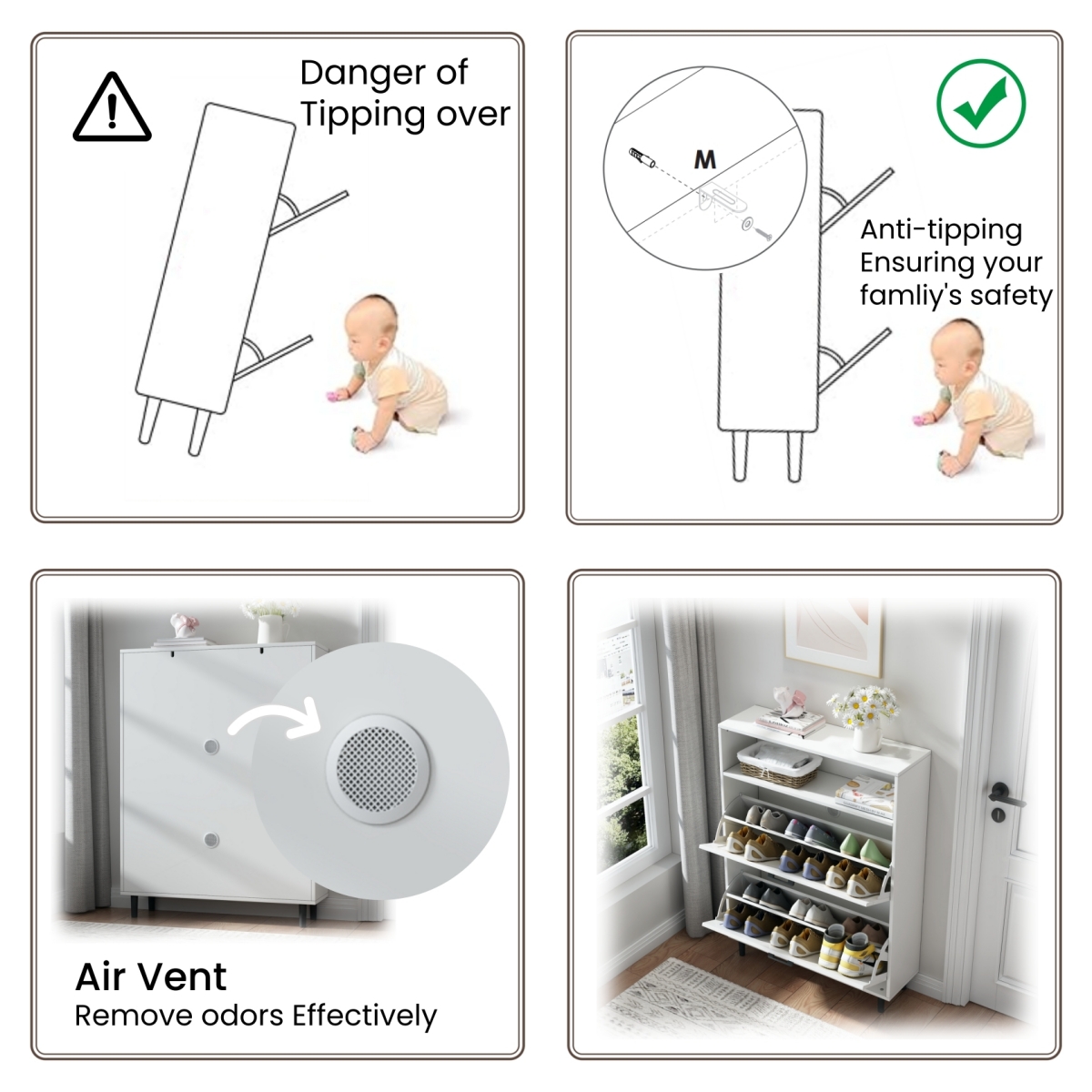 Farmhouse Shoe Storage Cabinet with Barn Door Design, Shoe Organizer with 2 Flip Drawers, Freestanding Narrow Shoe Rack Cabinet with Open Storage for Entryway,Foyer,Hallway,(Antique White/Natural Wood) 