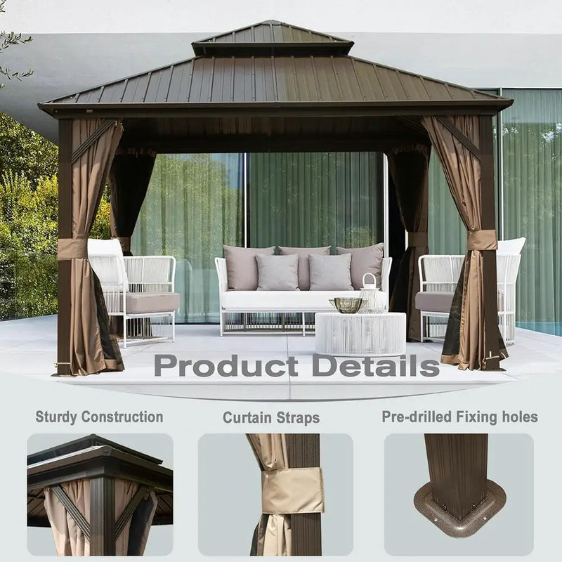 Outdoor 10' X 10' Hardtop Gazebo Aluminum Frame Permanent Galvanized Steel Double Roof Canopy with Curtain and Netting Parties, Wedding, Outdoor Dining