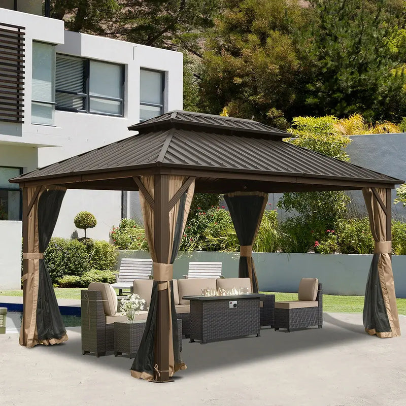 10' X 12' Patio Aluminum Frame Hardtop Gazebo Galvanized Steel Double Roof Curtain and Netting
